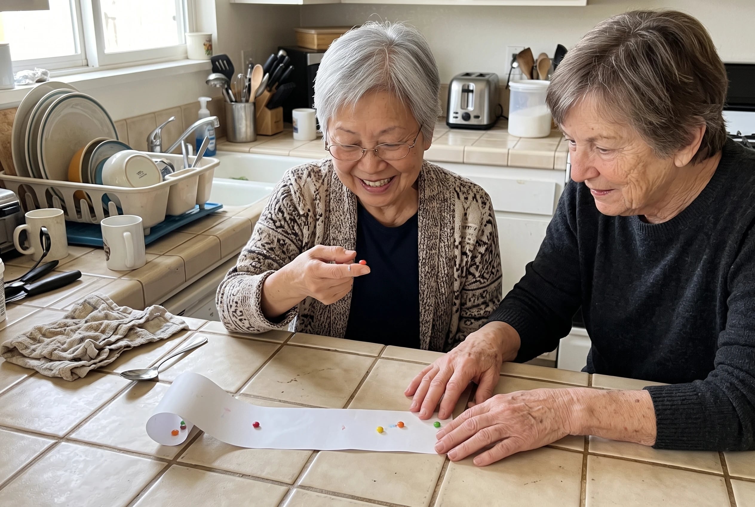 Older woman lifts a candy button from its paper strip on a kitchen counter.