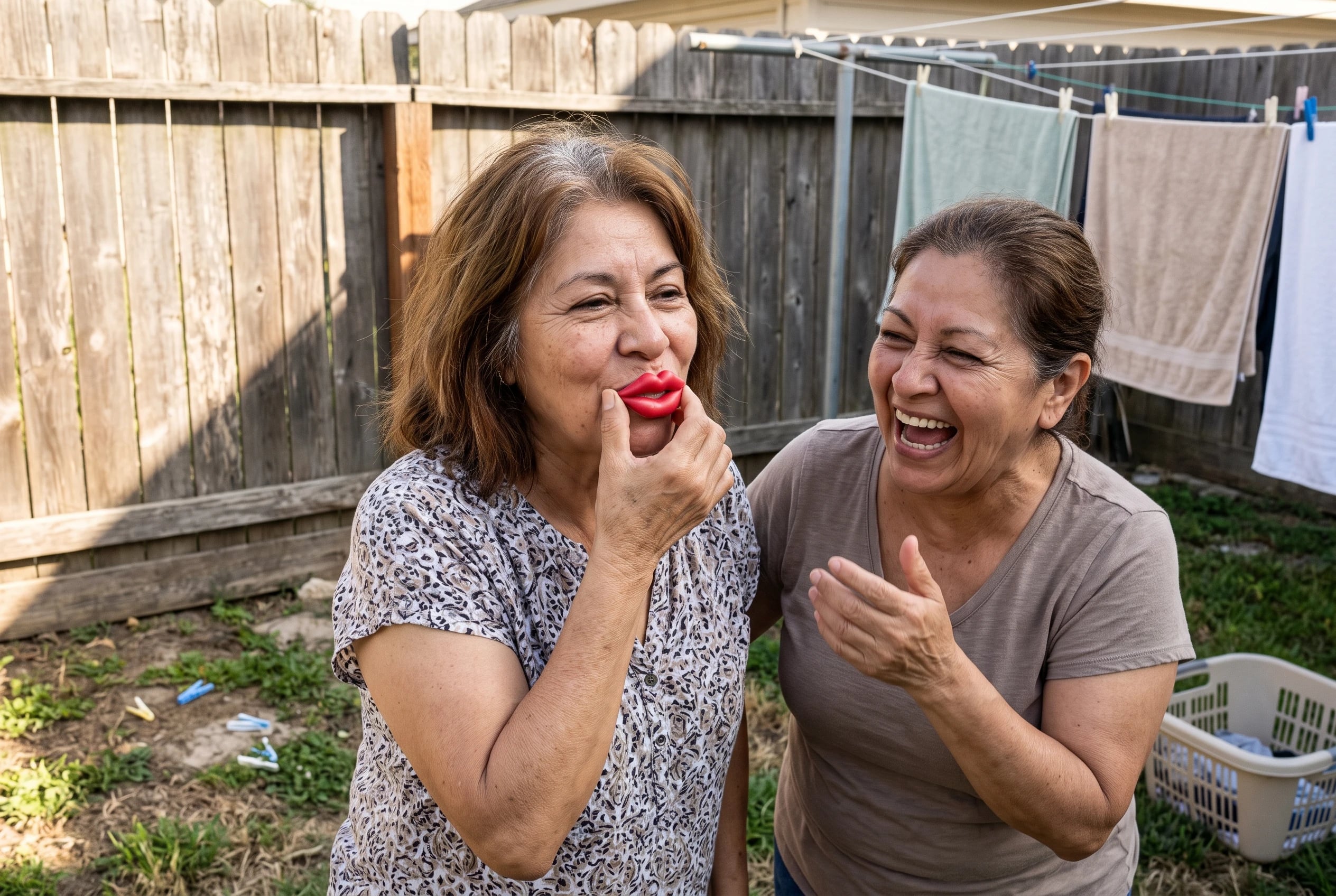 Woman holds wax lips against her mouth in a backyard.