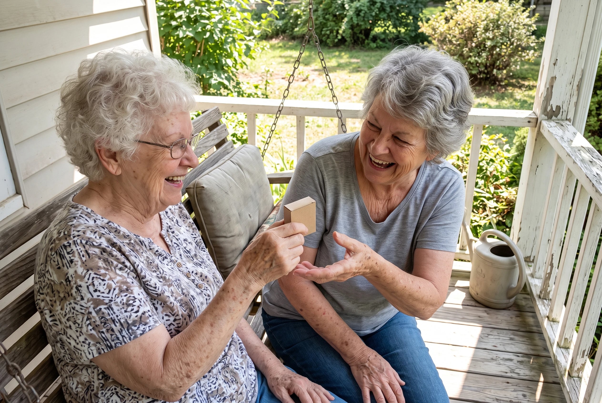 Older woman shows a candy-cigarette package to her sister on a porch swing.