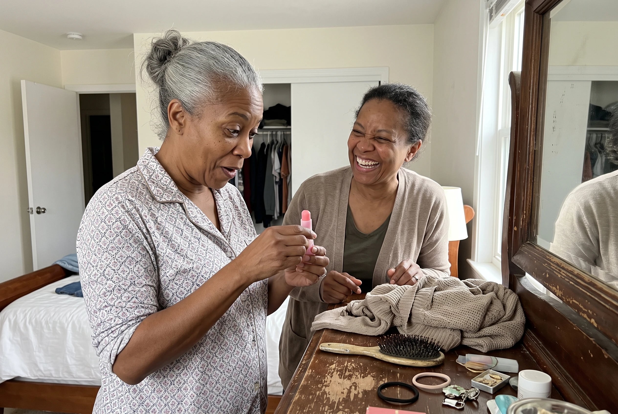 Woman twists candy lipstick from its plastic tube at a bedroom mirror.