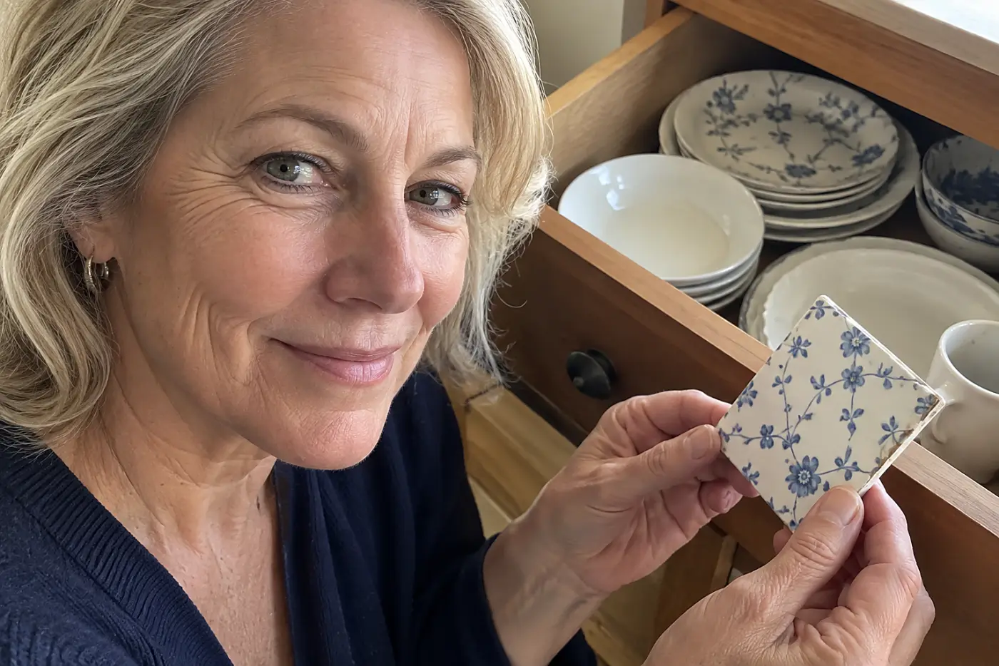 A woman in her sixties holds a blue floral tile near an open kitchen drawer.