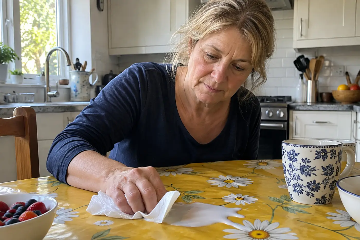 A woman in her sixties wipes up spilled milk on a yellow daisy-patterned vinyl tablecloth.