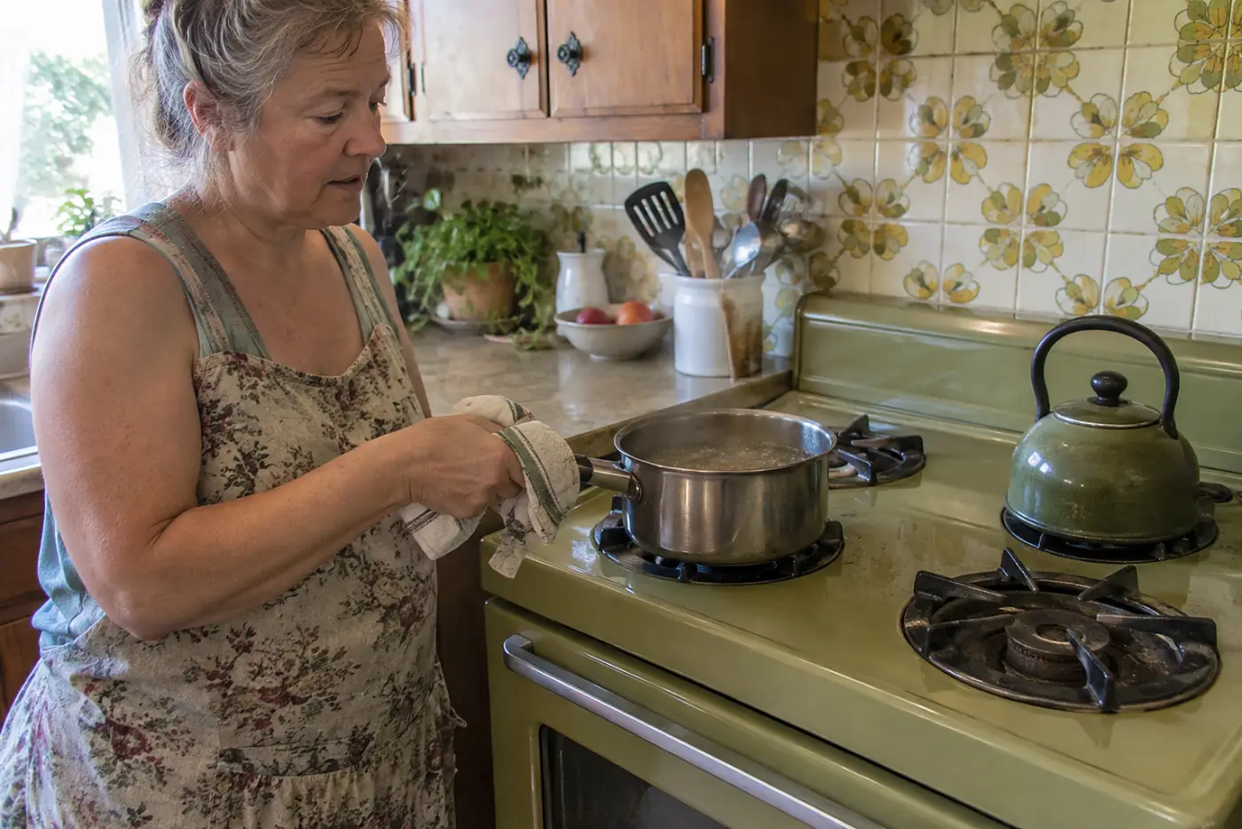 A woman in her sixties cooks with a metal pot on an avocado-green stove.