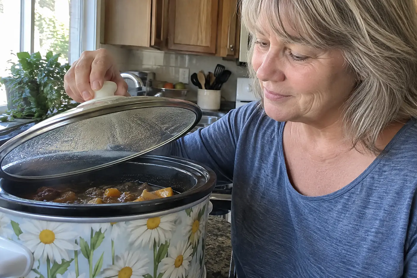 A woman in a blue shirt lifts the lid of a daisy-print slow cooker.