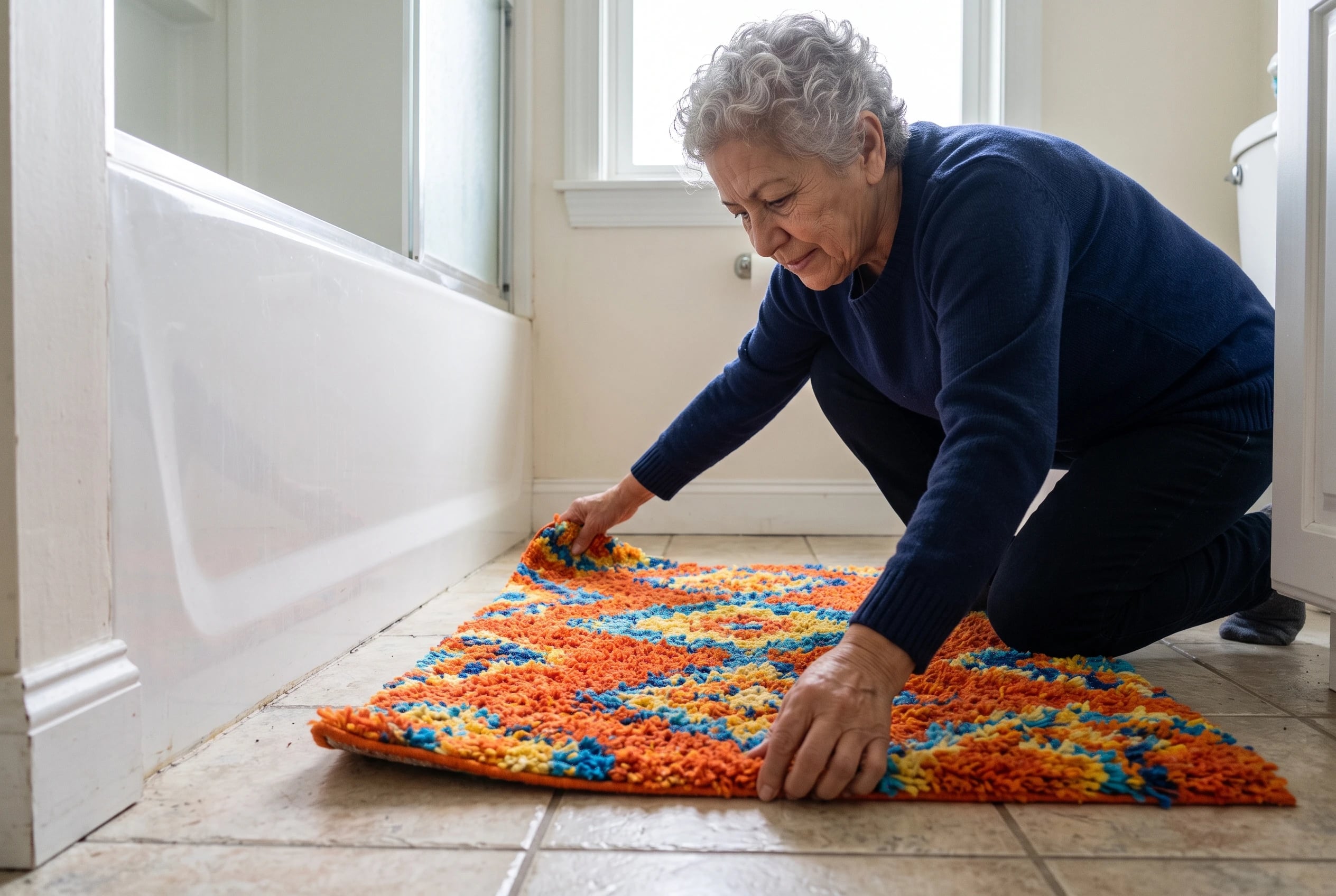 A woman lays a bright shag rug on the floor in front of her bathtub.