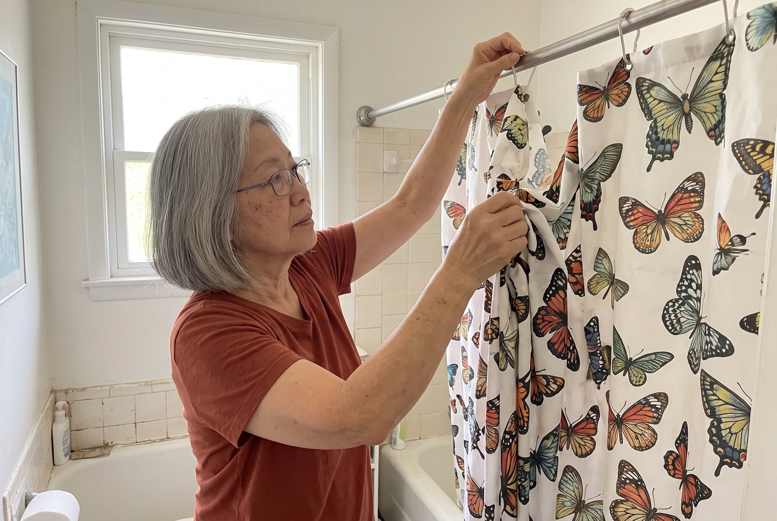 An older woman hangs a butterfly-print shower curtain beside her bathtub.