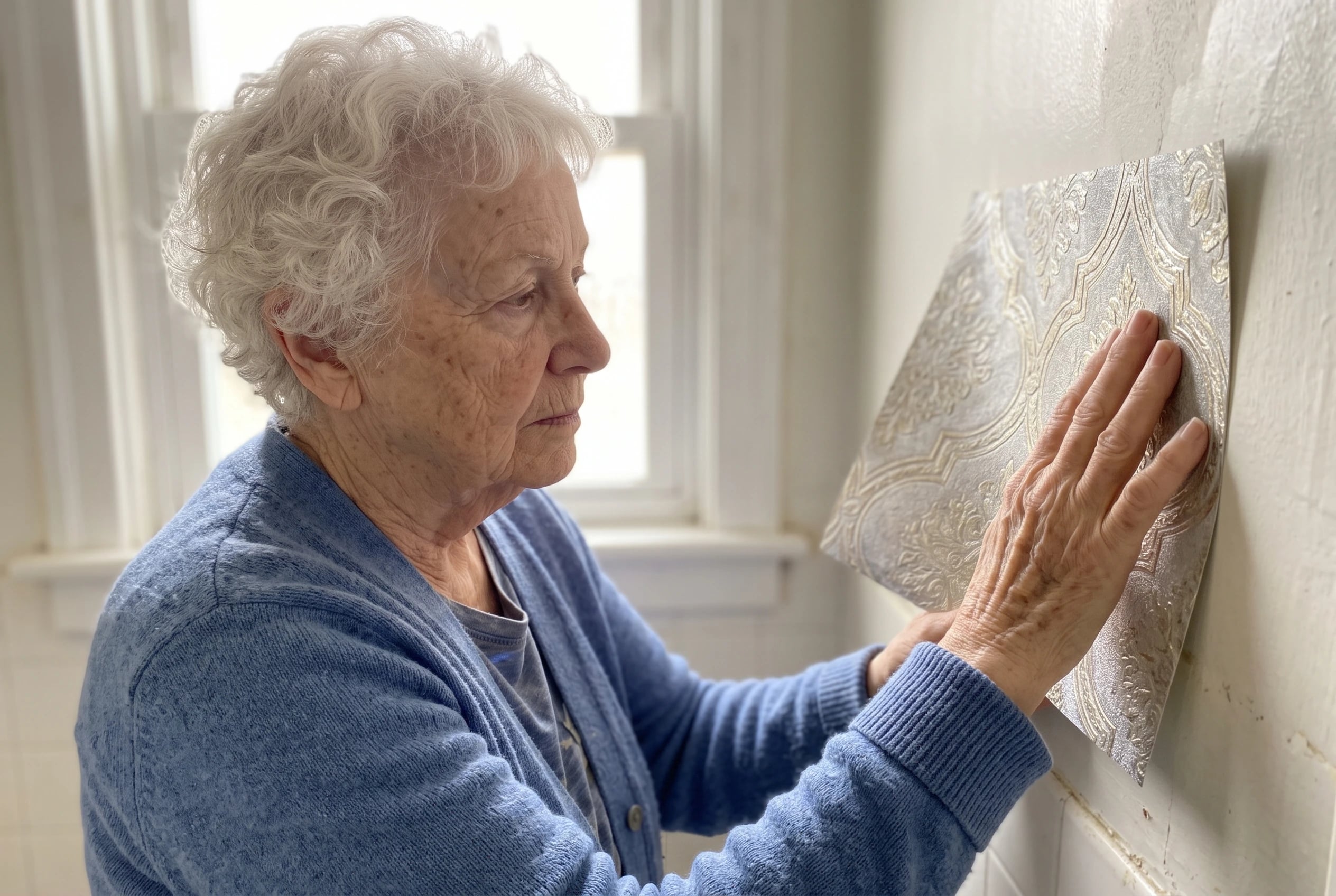 An older woman holds a metallic wallpaper sample against her bathroom wall.