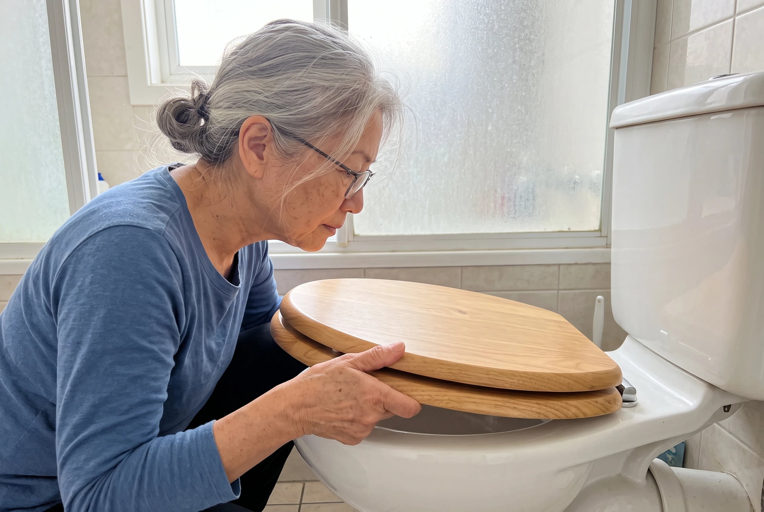 A woman checks the shape of a wooden toilet seat beside her toilet at home.