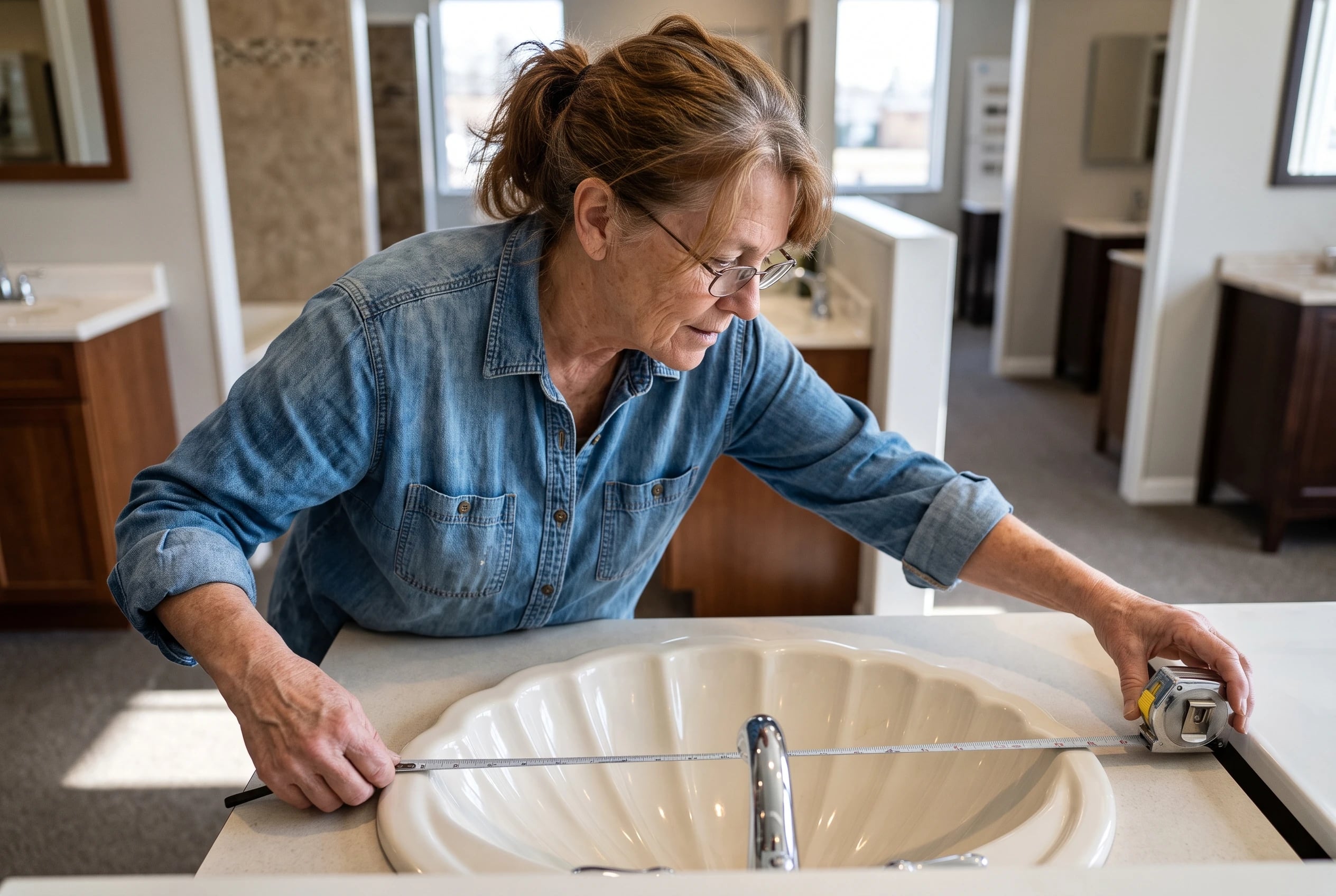 A woman measures counter space beside a shell-shaped sink in a bathroom showroom.