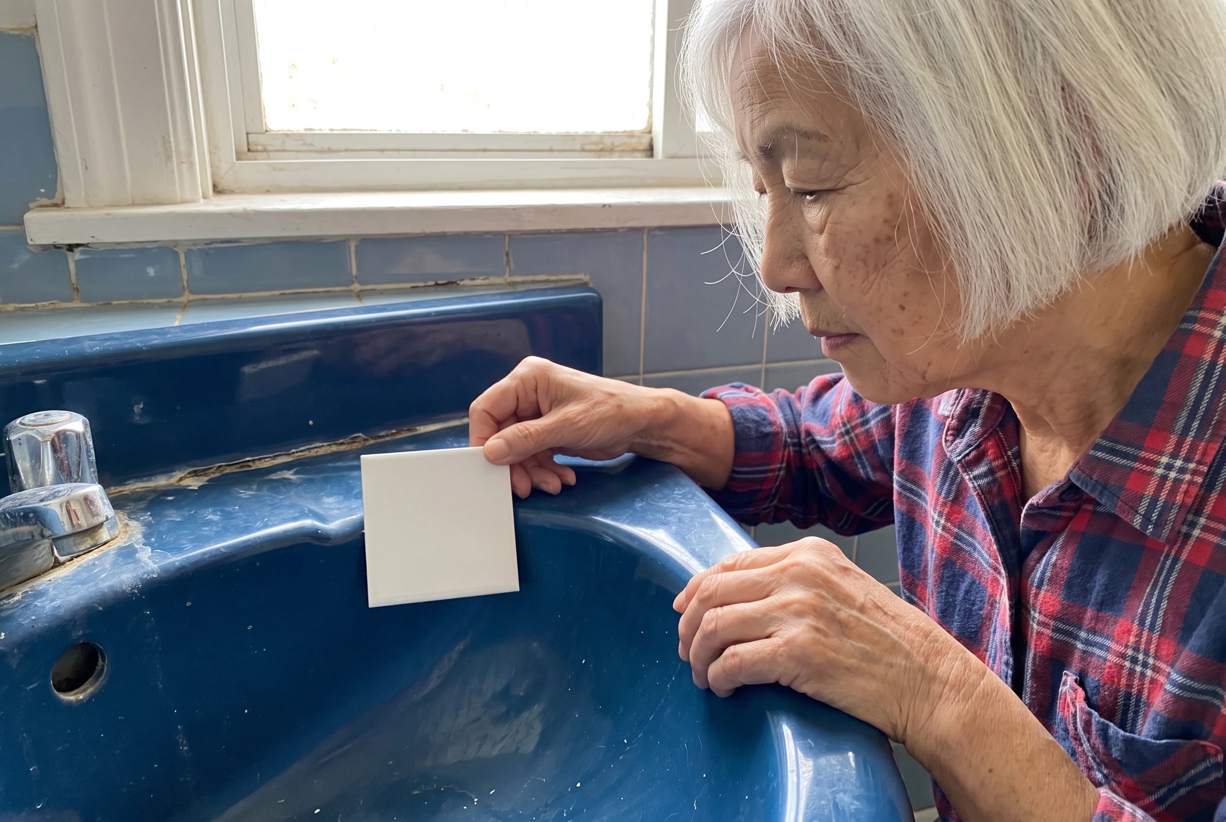 An older woman holds a white tile sample beside a blue sink in her bathroom.