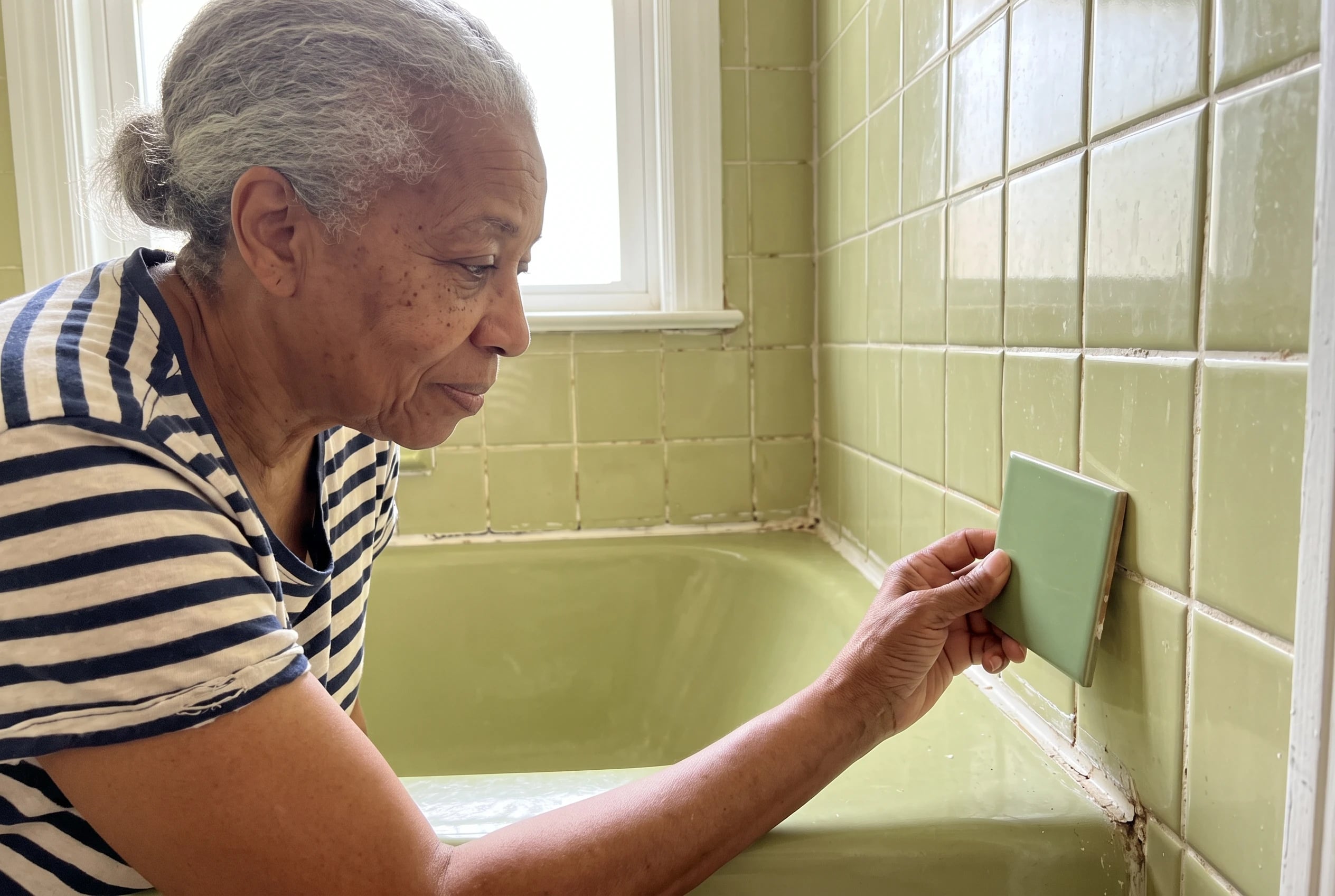 An older woman holds a green tile sample against her avocado tub surround in her bathroom.