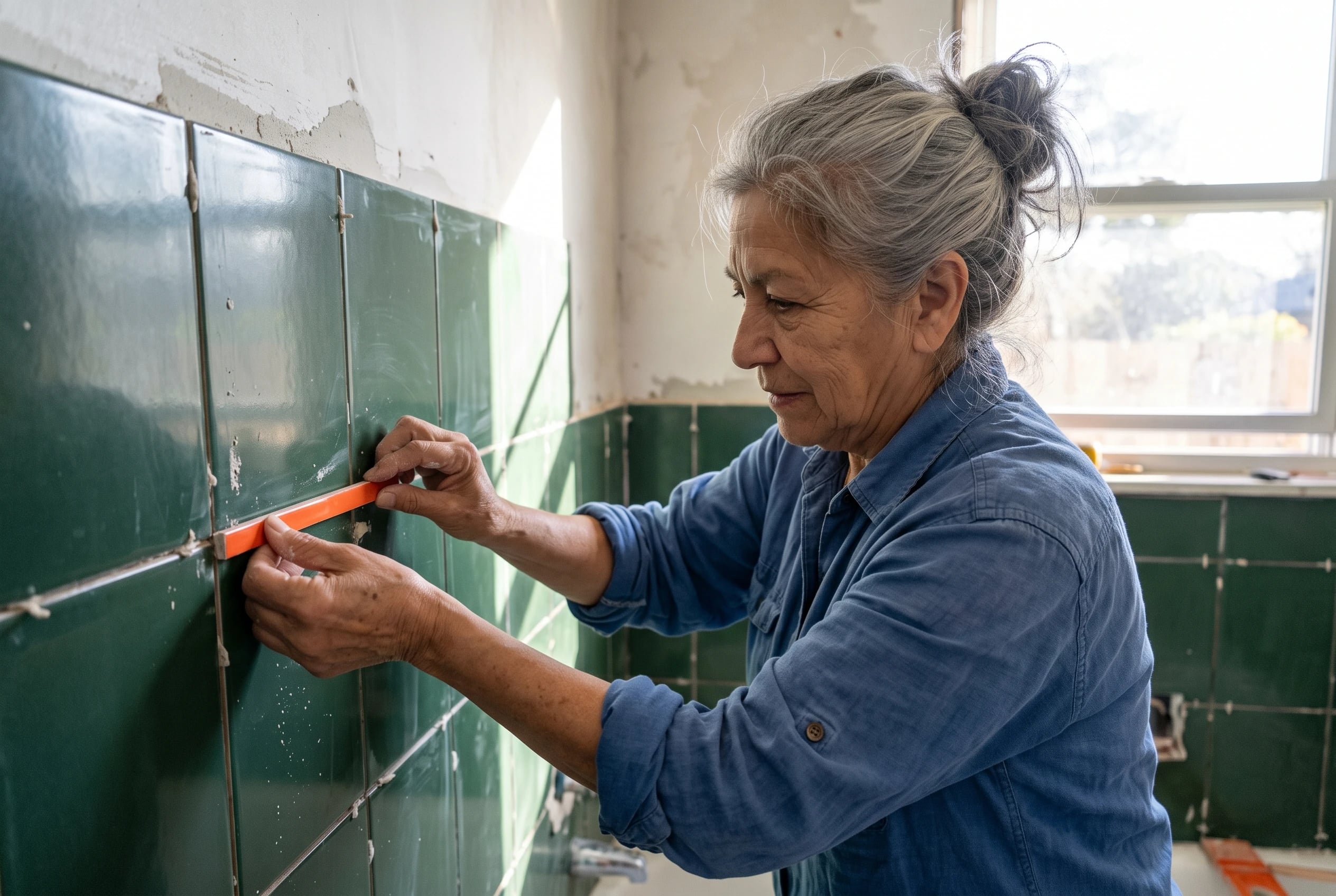 An older woman places a thin orange tile beside dark green tile in her bathroom.