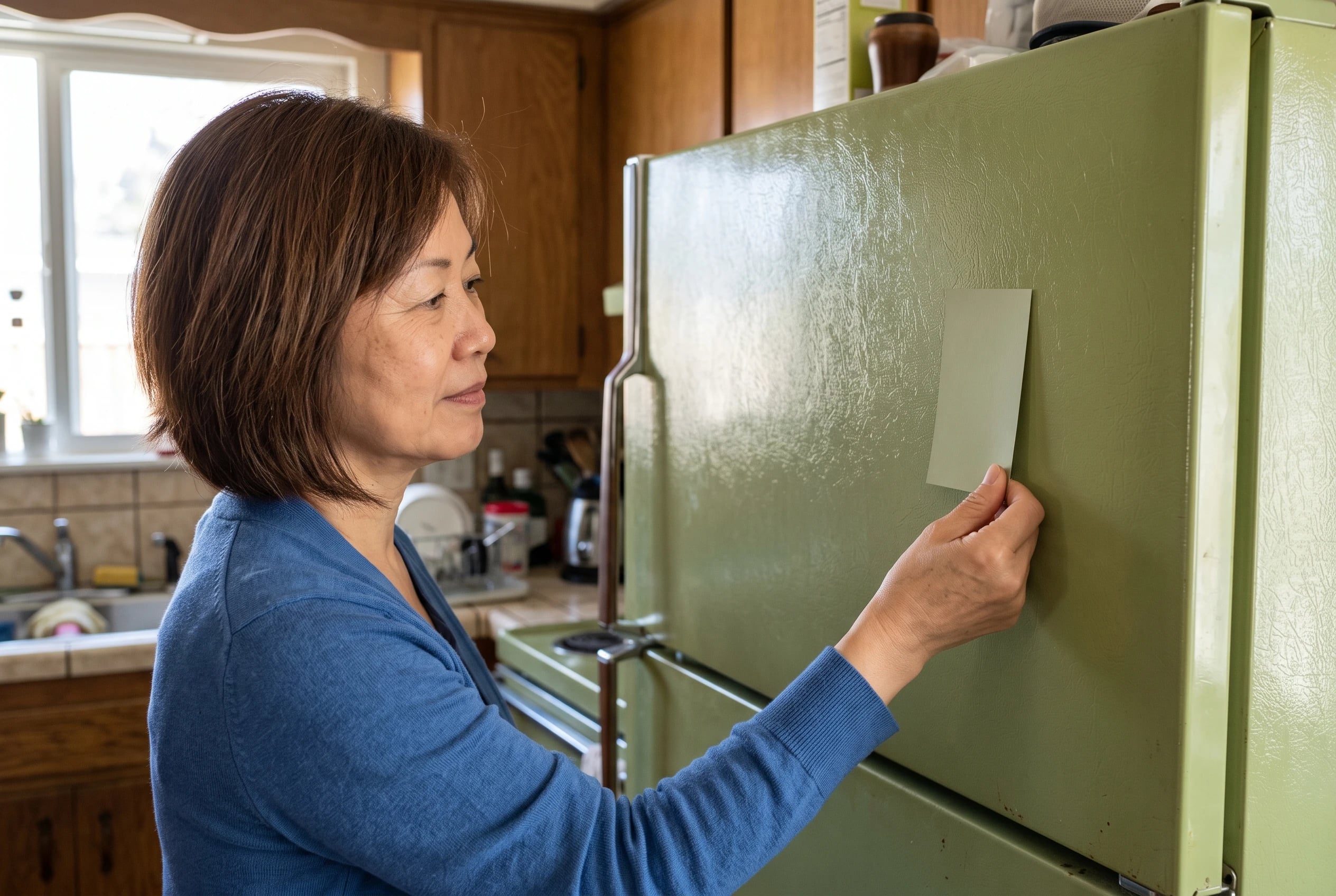A woman compares the color of an avocado refrigerator with a paint card in her kitchen.