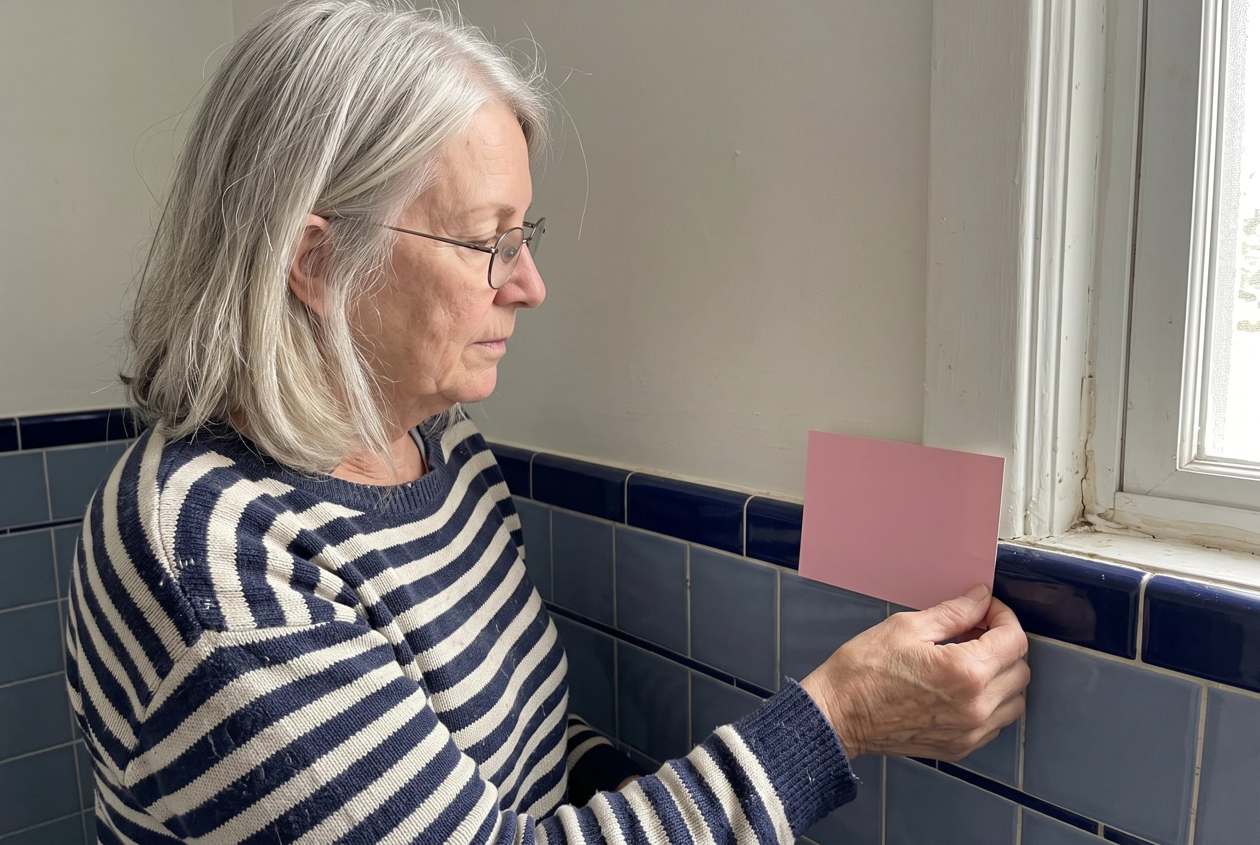 An older woman holds a pink paint card above dark blue tile trim in her bathroom.