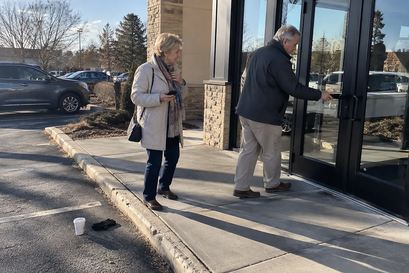A woman in her late sixties holds a phone outside as a man opens the door.