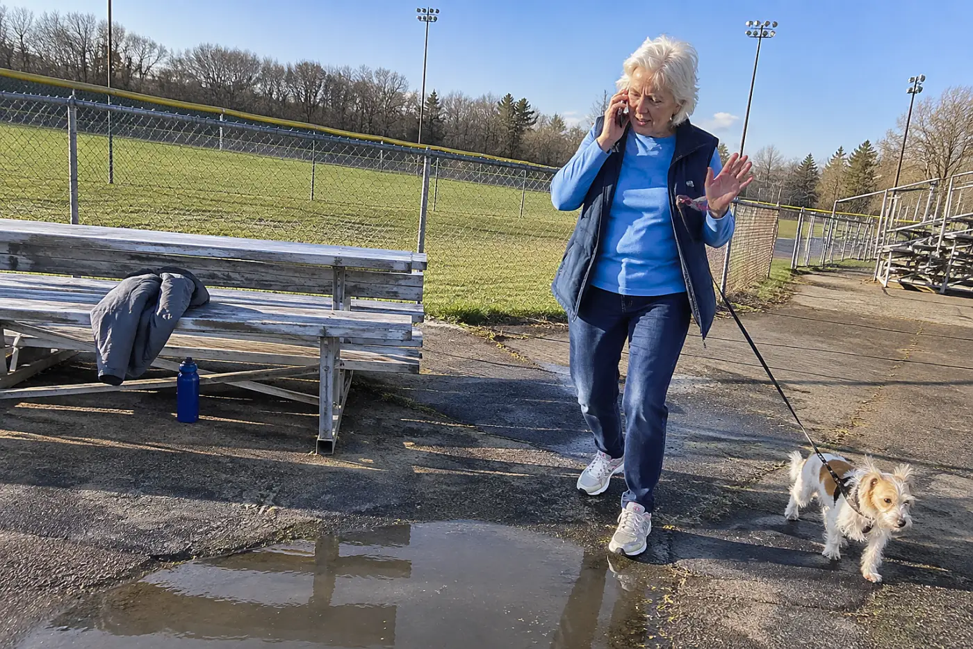 A woman in her 70s speaks on her phone while walking her dog near sports bleachers.