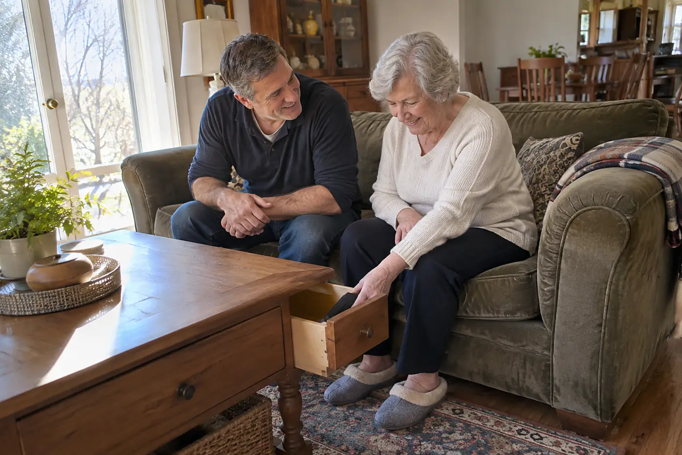 A man smiles as an older woman puts her phone into a coffee table drawer.