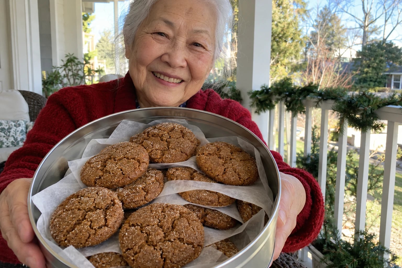 On a front porch decked with a simple pine garland, a woman in her sixties holds out an open round metal tin of crackle-topped ginger cookies stacked between sheets of wax paper, ready to hand it to a neighbor.