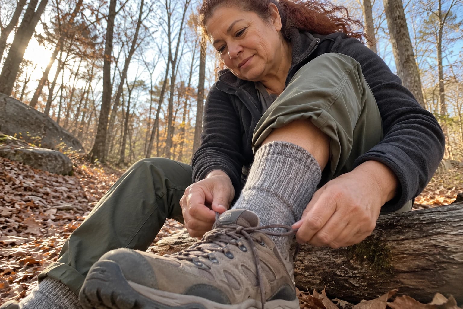 A woman in her fifties sits on a log, lacing a hiking boot over a thick gray wool sock.