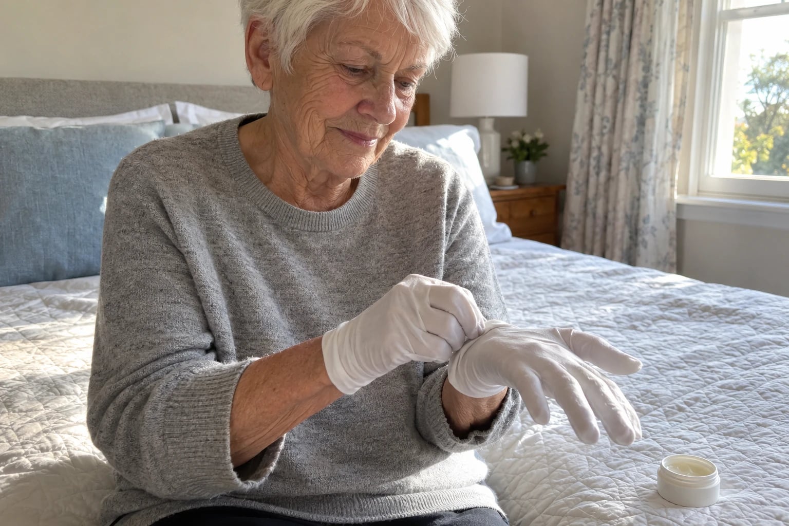 On the edge of a neatly made bed in morning light, a woman in her sixties pulls on a pair of thin white cotton gloves, a plain white tube with no print resting on the quilt beside her.