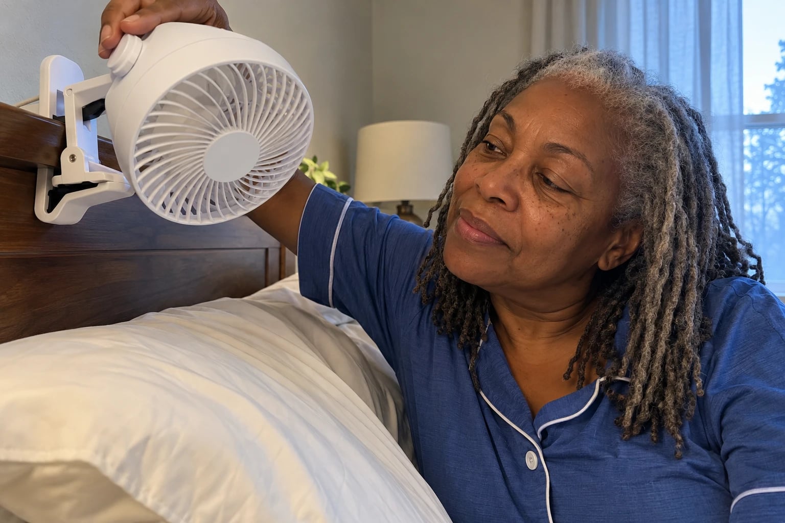 A small white clip-on fan is clamped to a wooden headboard in a cool, softly lit bedroom, aimed at the pillow, while a woman in her fifties in cotton pajamas adjusts its angle with one hand.