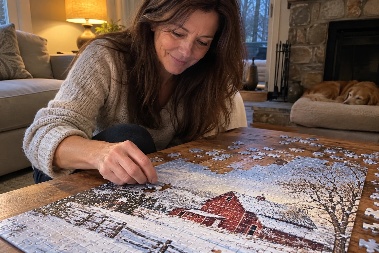 A half-finished jigsaw puzzle of a snowy barn painting covers a low wooden coffee table in a lamplit living room, and a woman in her fifties kneels beside it, fitting a sky piece into place.