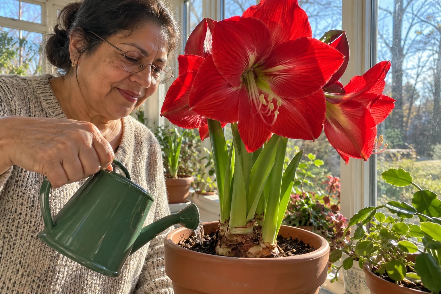 A red amaryllis in full bloom rises from a snug terracotta pot on a sunroom windowsill, the bulb's top showing just above the rim, as a woman in her sixties tips a small watering can toward the soil.