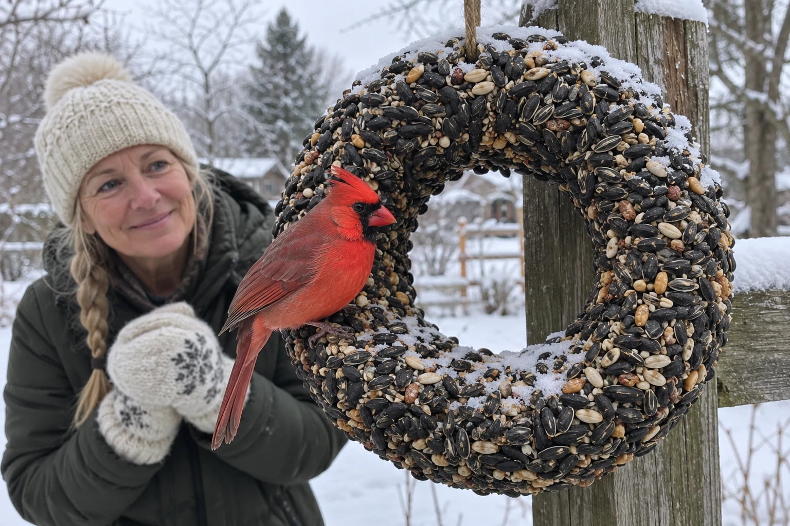 A round birdseed wreath packed with sunflower seed hangs from a weathered wooden fence post in light snow, a cardinal perched on its edge, while a woman in her fifties in a knit hat watches from a few steps back in the yard.