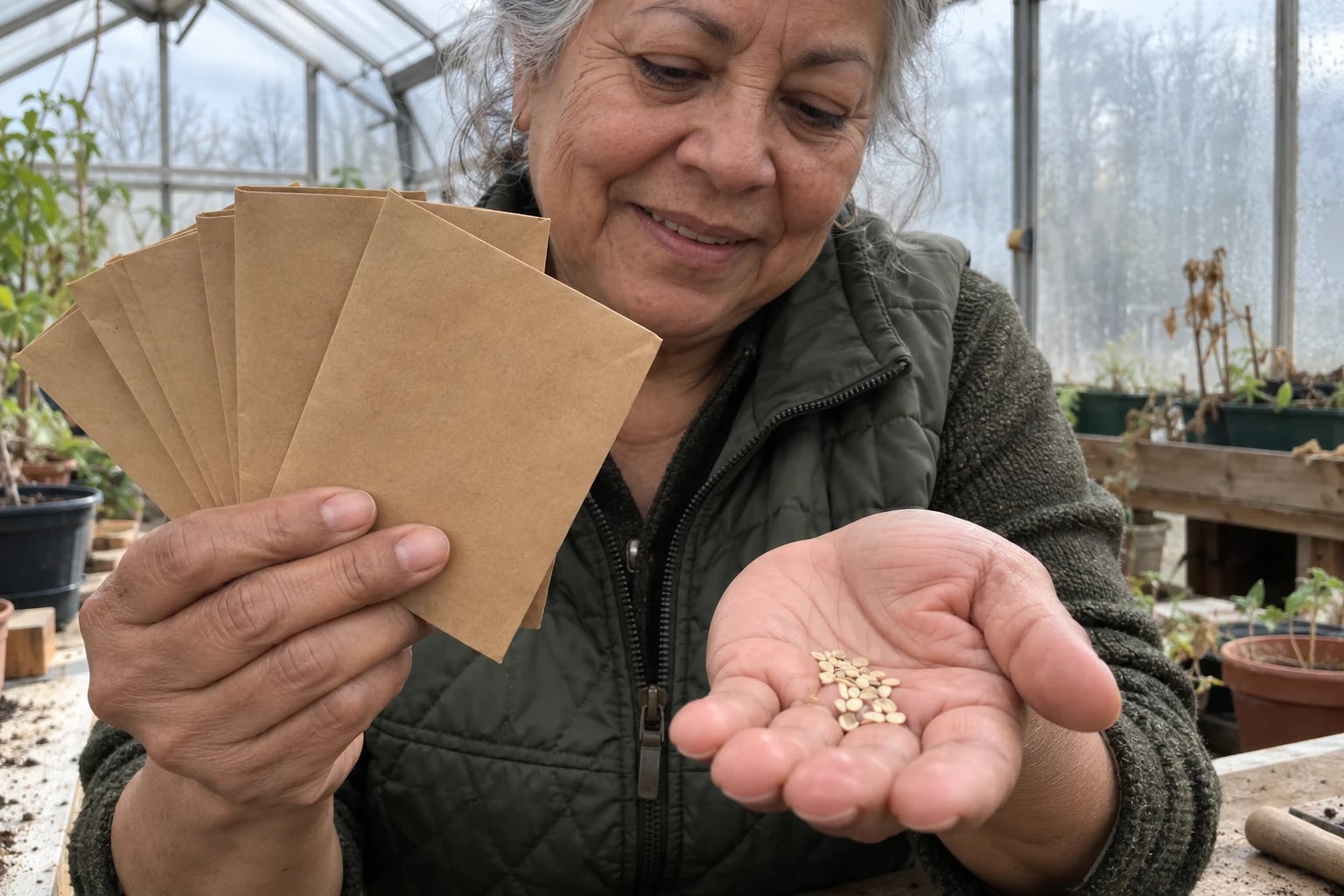 In a small backyard greenhouse in winter light, a woman in her sixties stands at a wooden potting bench holding a fan of plain, unprinted kraft seed envelopes, with a few tomato seeds spilled into her open palm.