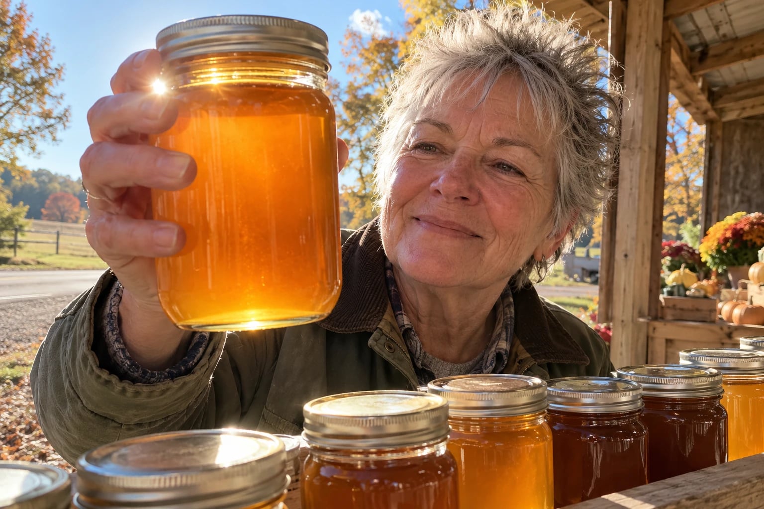 At a roadside farm stand on a crisp autumn day, a woman in her sixties holds up a pint jar of amber honey to the light, more plain glass jars lined along the wooden plank in front of her.
