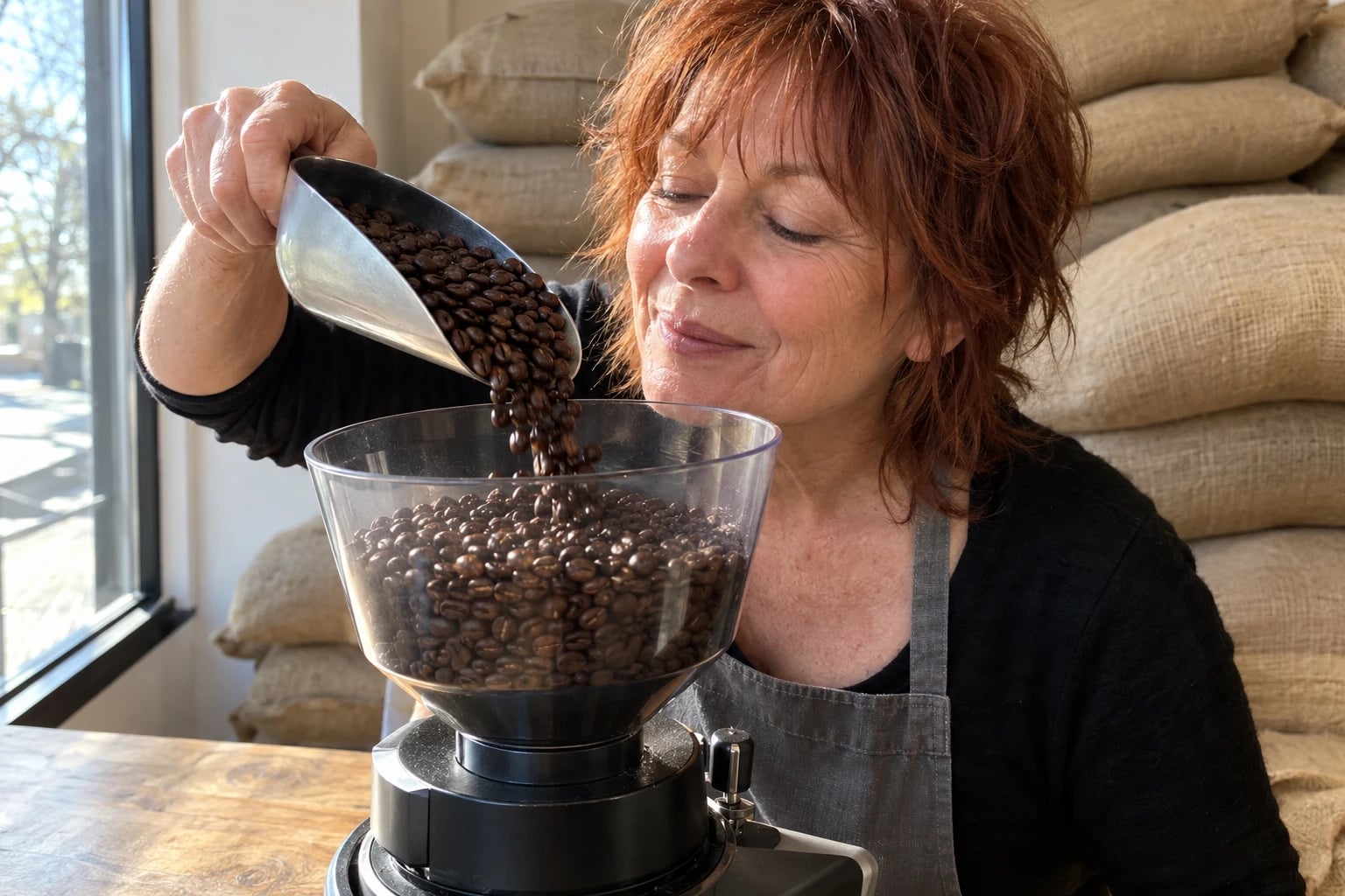 At the wooden counter of a neighborhood coffee roastery, a woman in her fifties pours dark, glossy coffee beans from a plain unprinted kraft bag into a grinder's hopper, sacks of green beans stacked behind her.