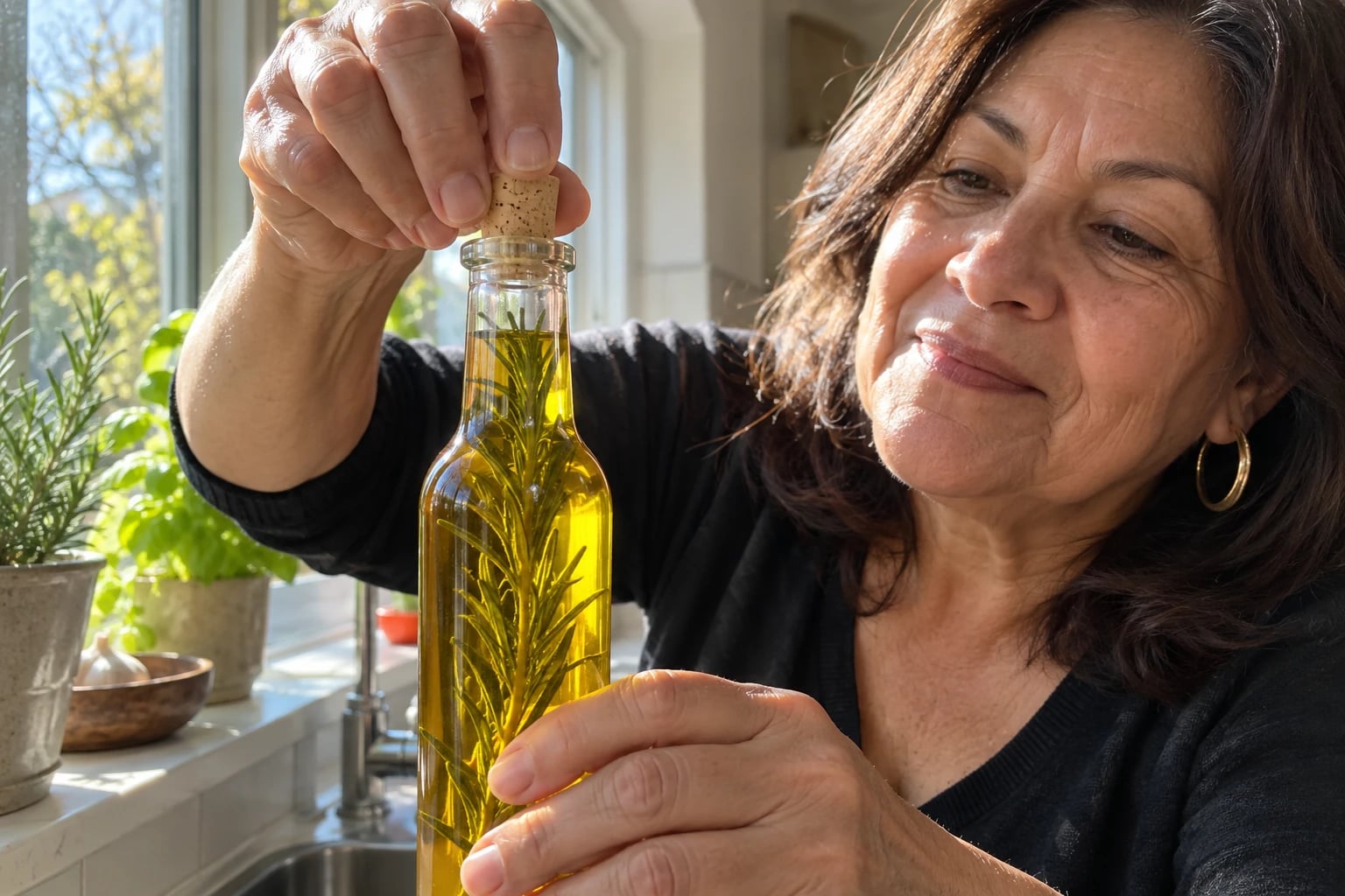 A slim glass bottle of golden olive oil with a rosemary sprig standing inside catches the sun on a kitchen windowsill, while a woman in her sixties presses a cork into its neck.