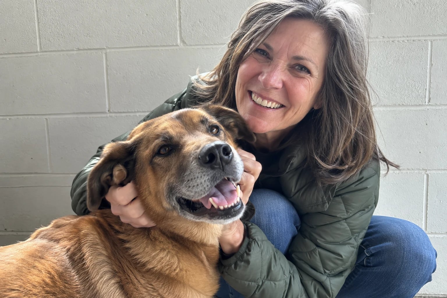 In the bright visiting room of an animal shelter, a woman in her fifties crouches to rub the ears of a brown mixed-breed dog leaning happily against her shins.
