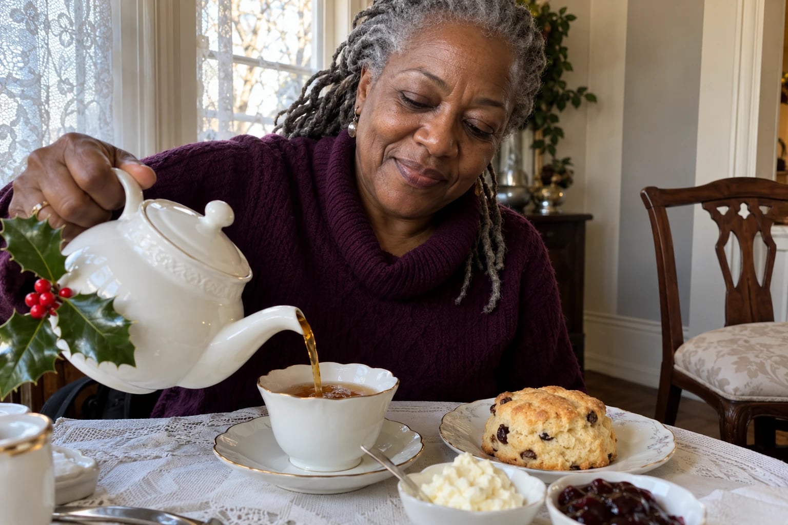 In a small tearoom with lace curtains, a woman in her sixties sits alone at a table for two, pouring from a white china teapot, a scone on a plate in front of her and the opposite chair waiting empty.