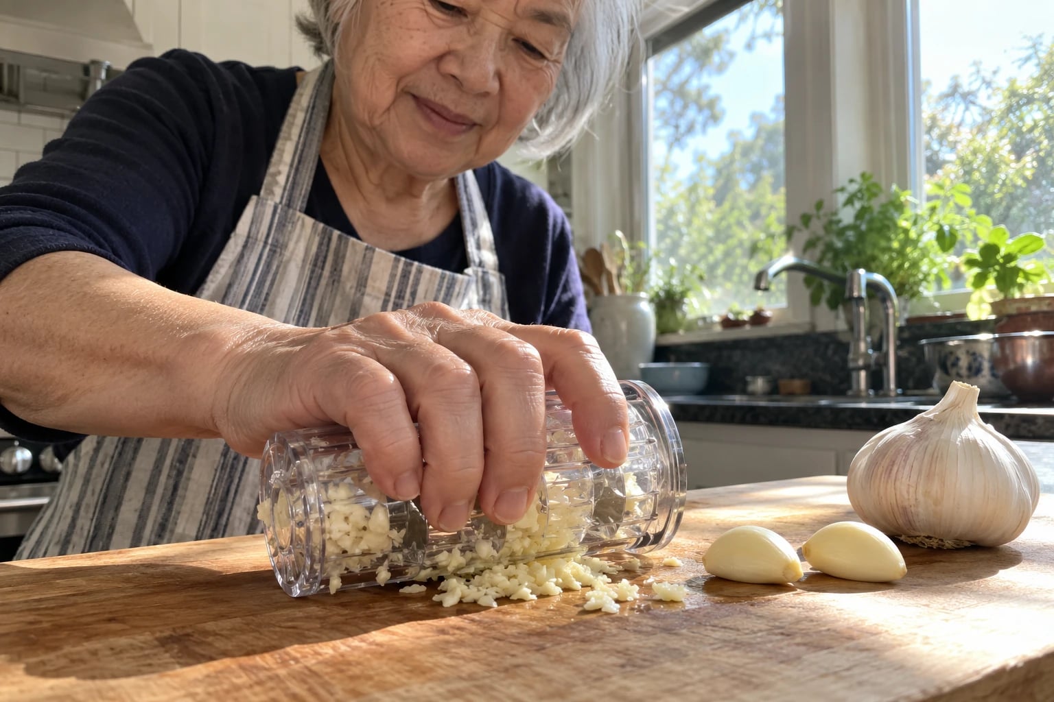 In a sunny home kitchen, a woman in her sixties rolls a clear rolling garlic chopper across a wooden cutting board, two peeled cloves and a garlic bulb beside her hand.