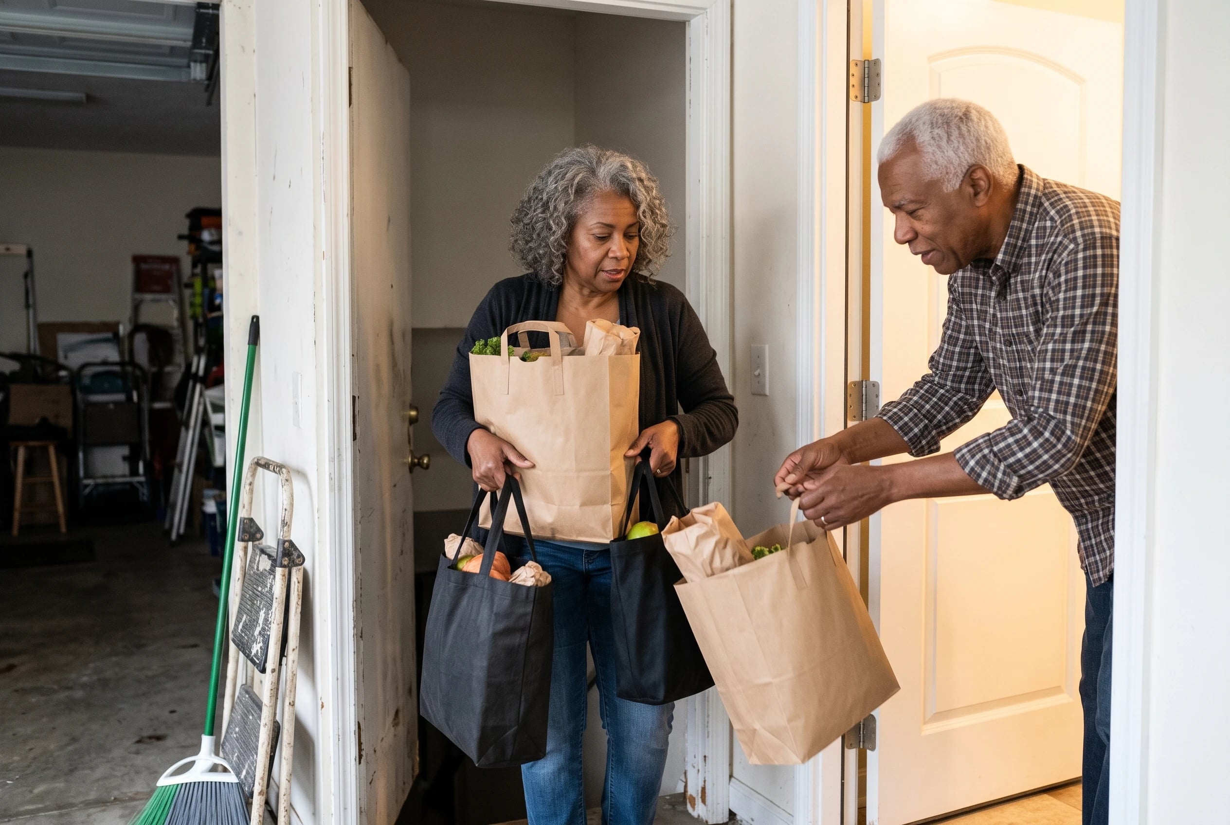 A woman carries groceries through the lit door from her attached garage.