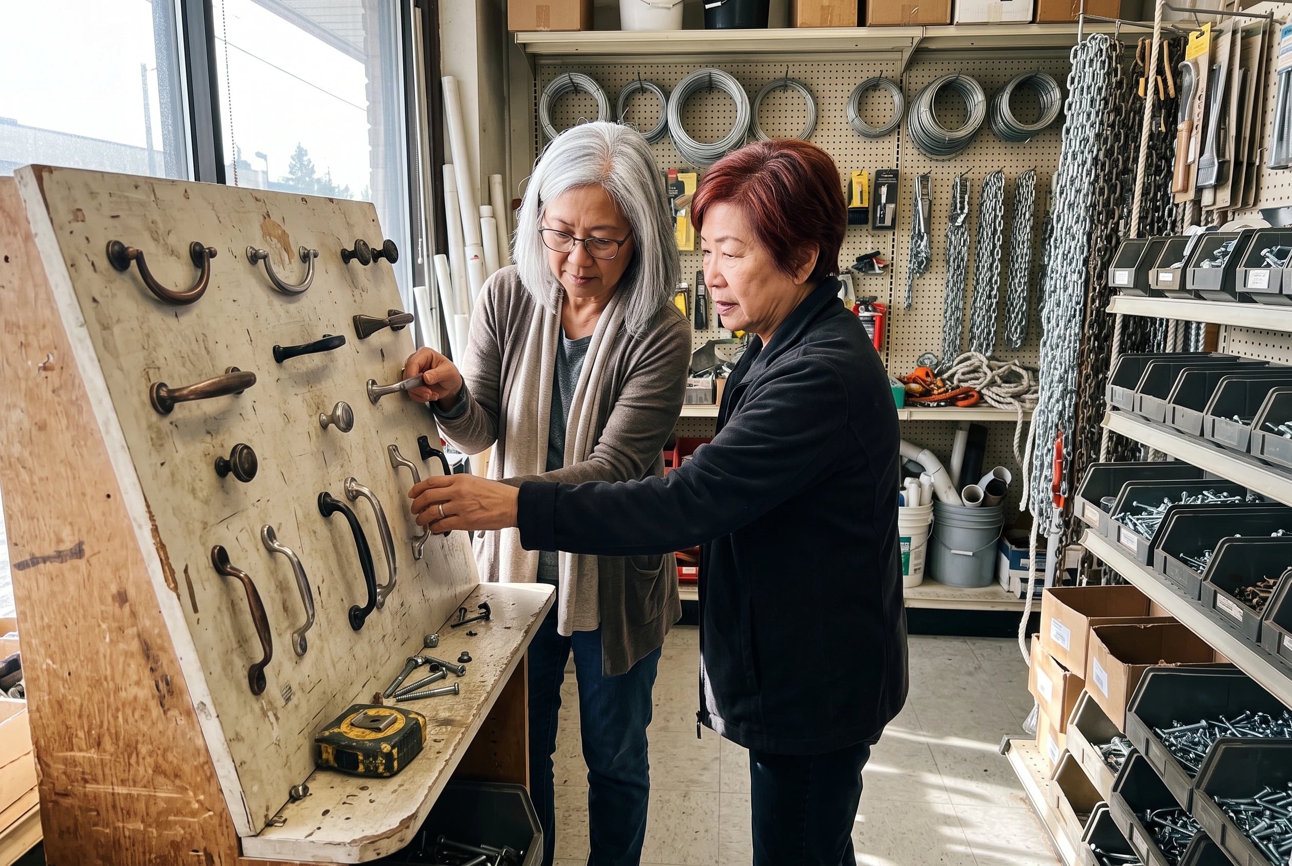 A woman hooks her fingers around a D-shaped drawer pull in a hardware store.