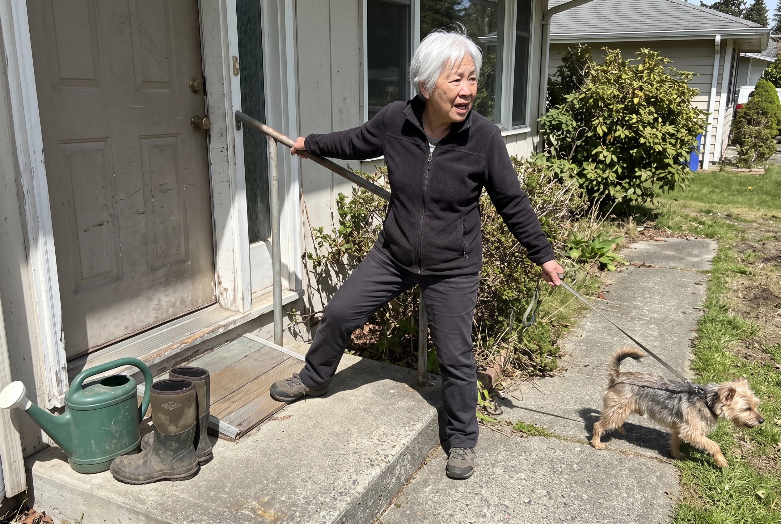 A woman checks the threshold ramp at her front door from the walkway.