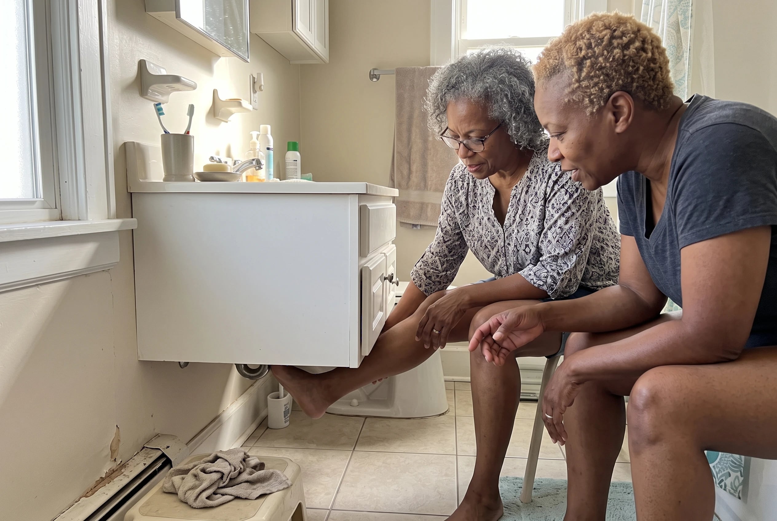 A woman sits at a wall-mounted bathroom vanity to check the space beneath it.