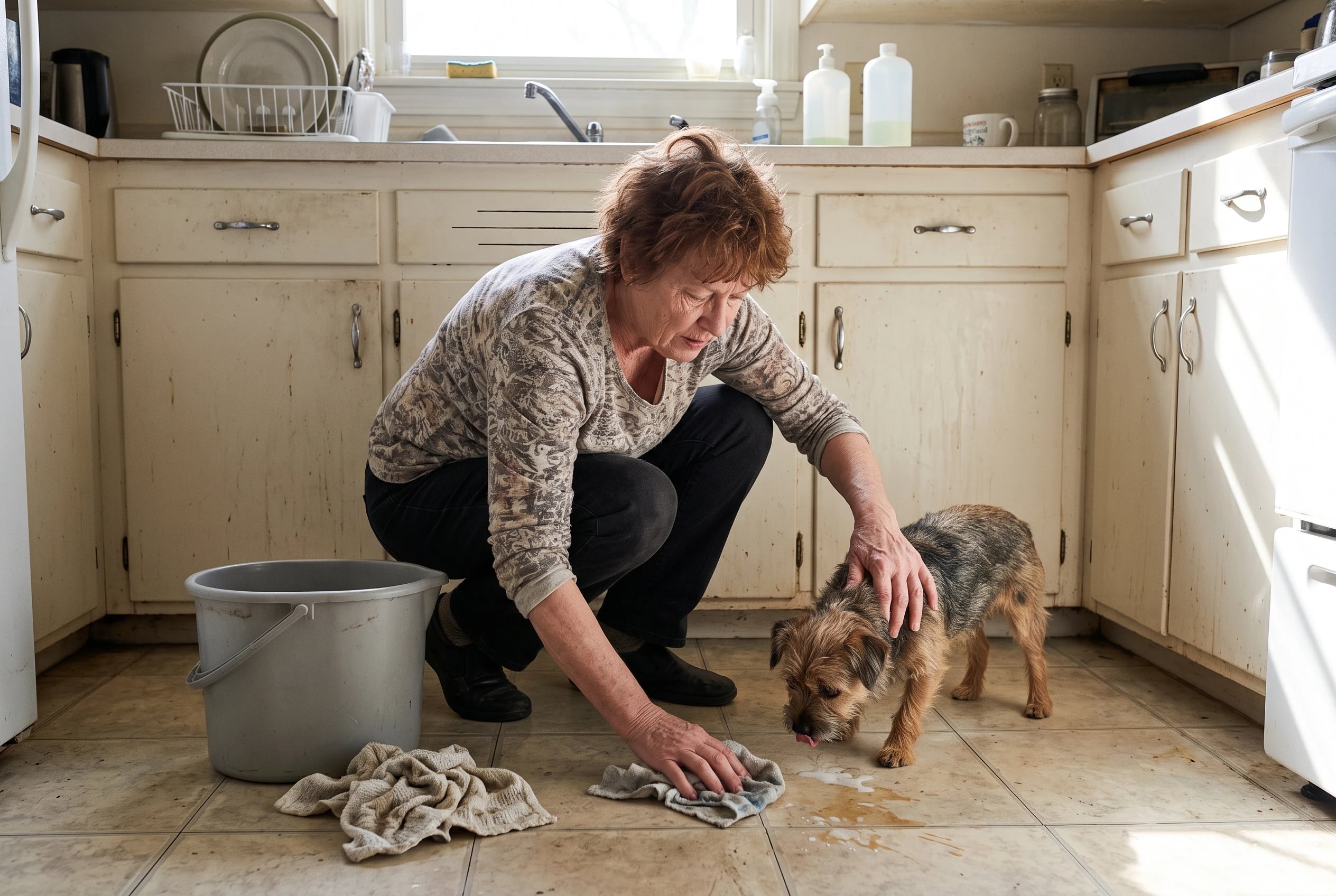 A woman wipes a splash from a tiled kitchen floor beside the sink.