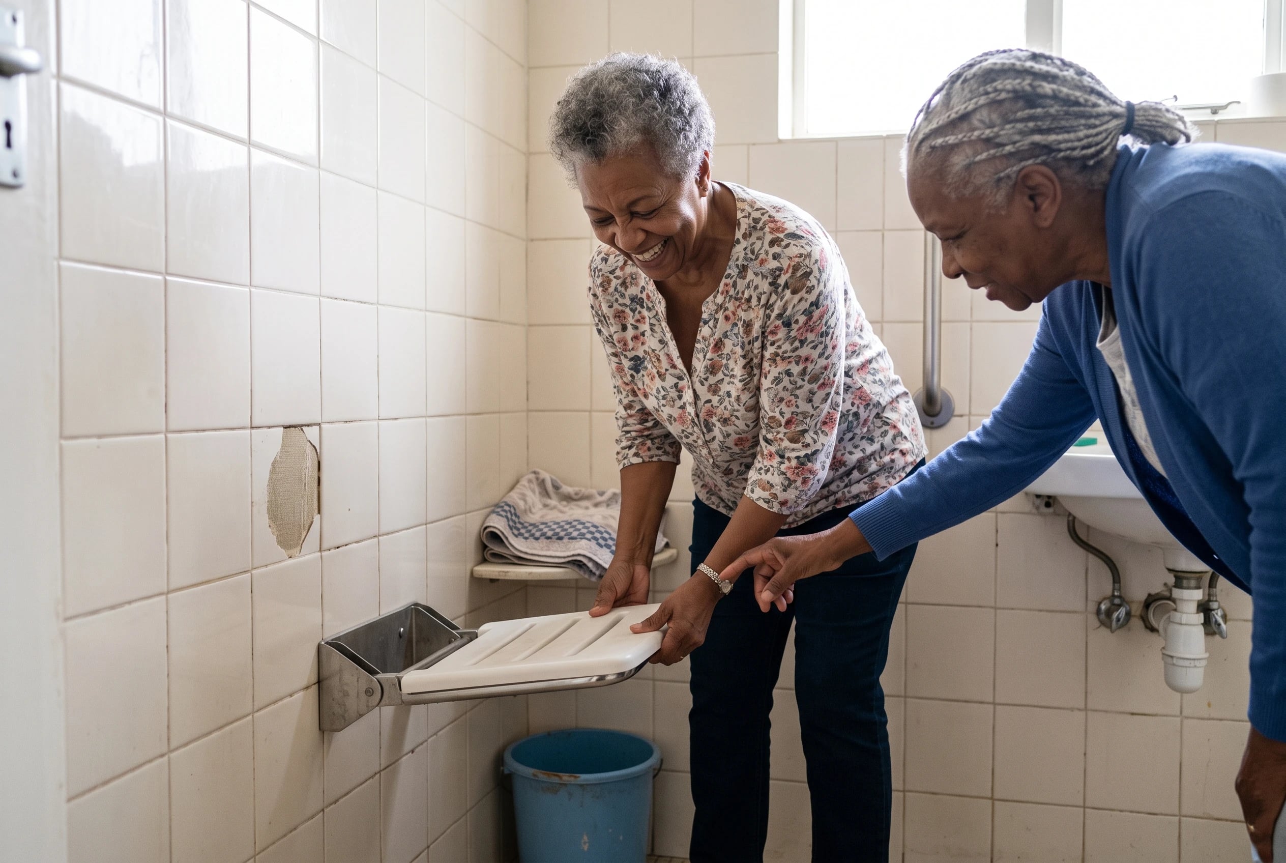 A woman folds a shower seat against the tiled wall of her bathroom.