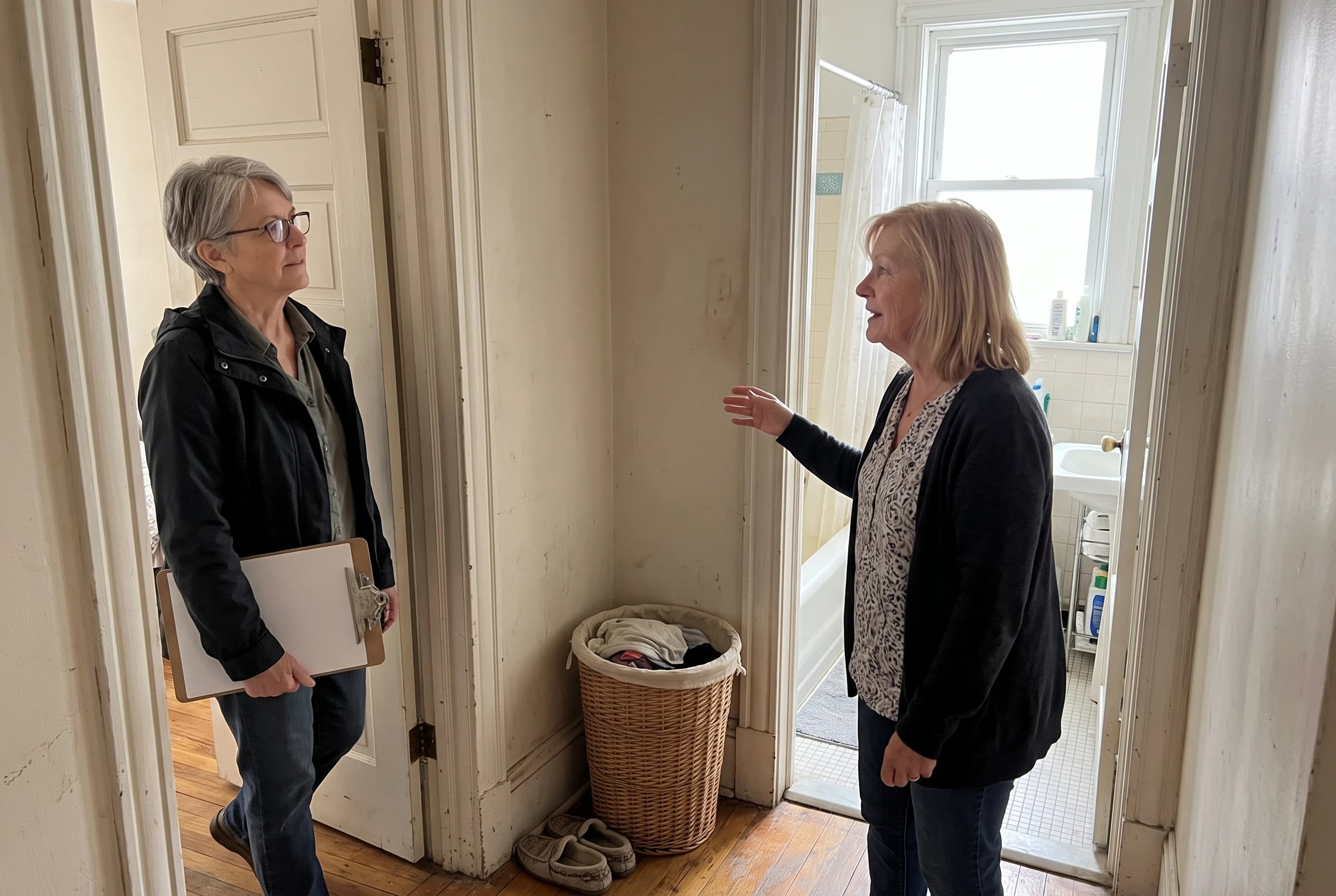 A woman shows a home specialist the turn between her hallway and bathroom.