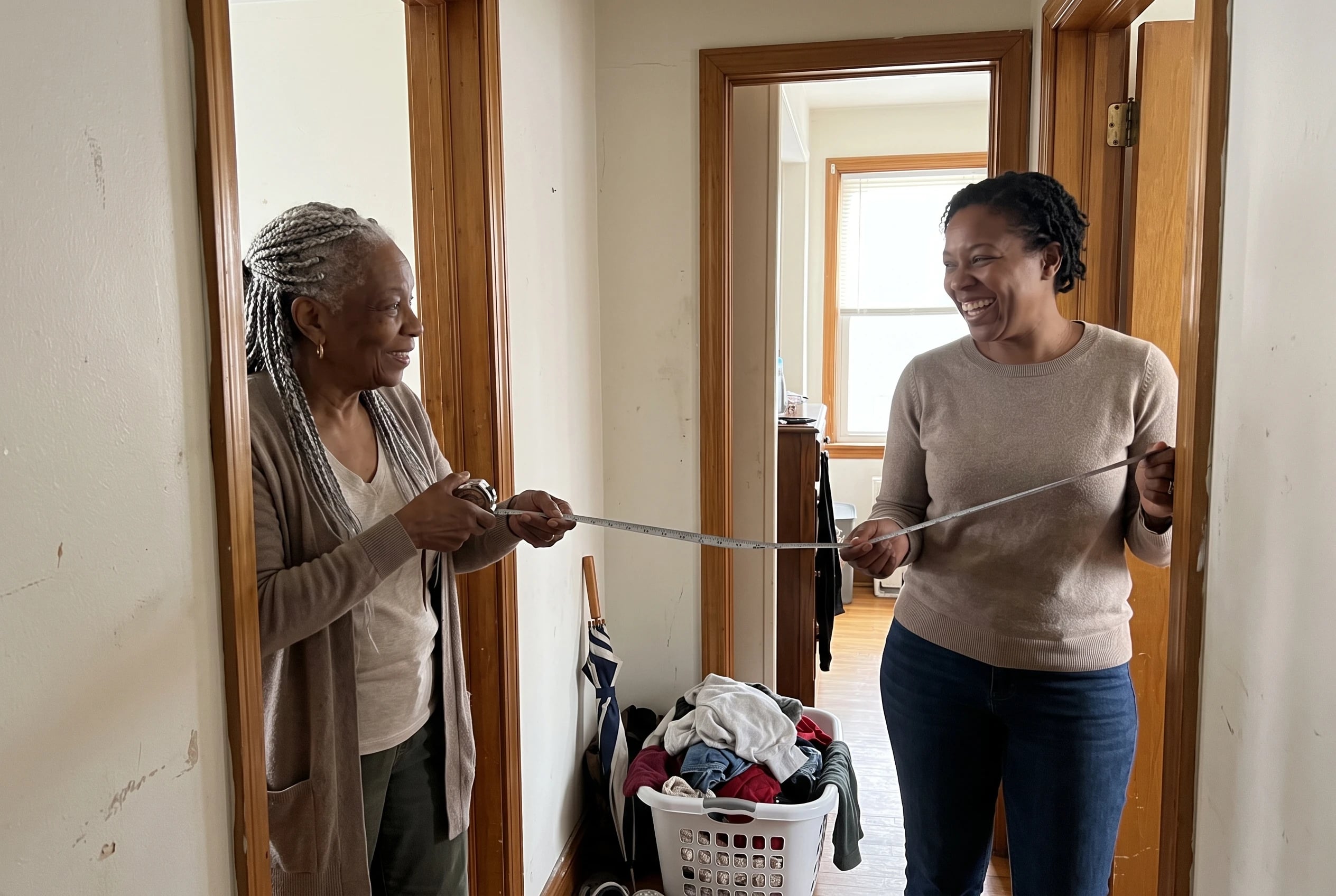 A woman measures a doorway opening in her house with a tape measure.