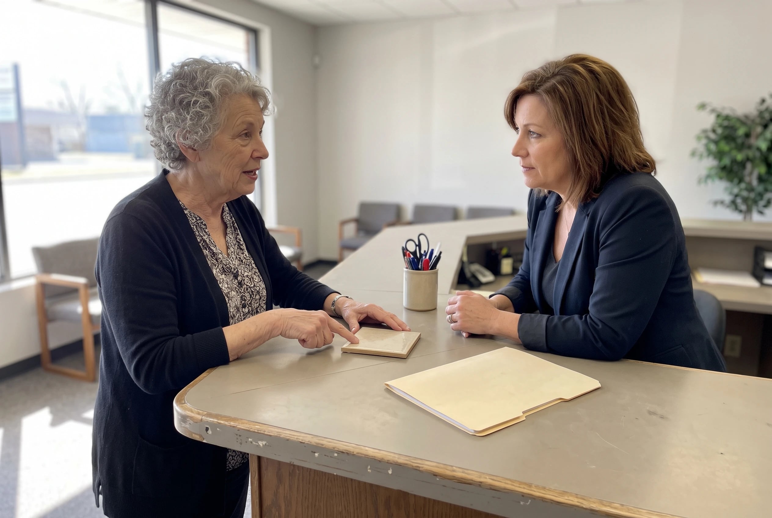 A woman speaks with a lender across an office counter about repairs to her house.