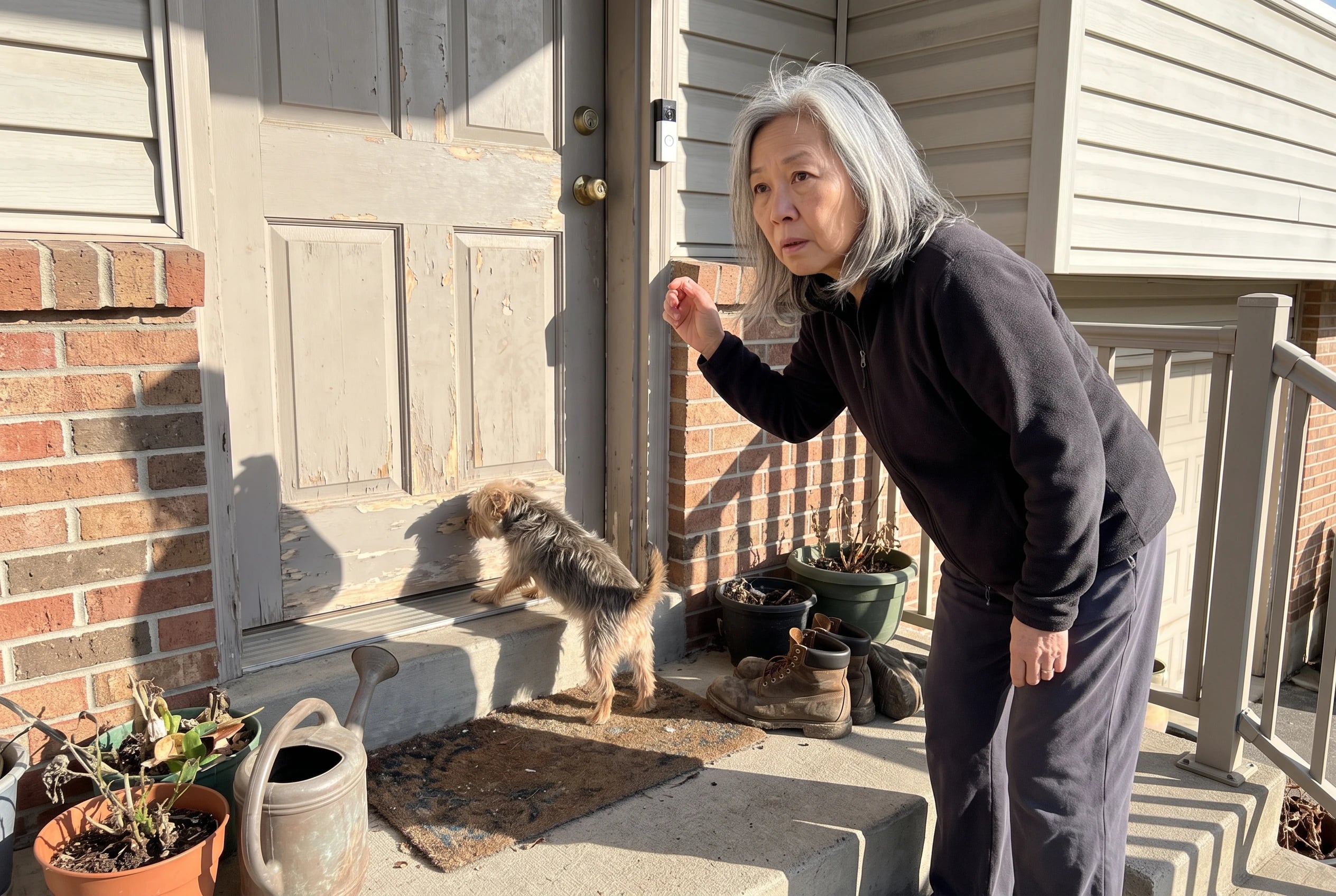 A woman checks a video doorbell beside her front door.