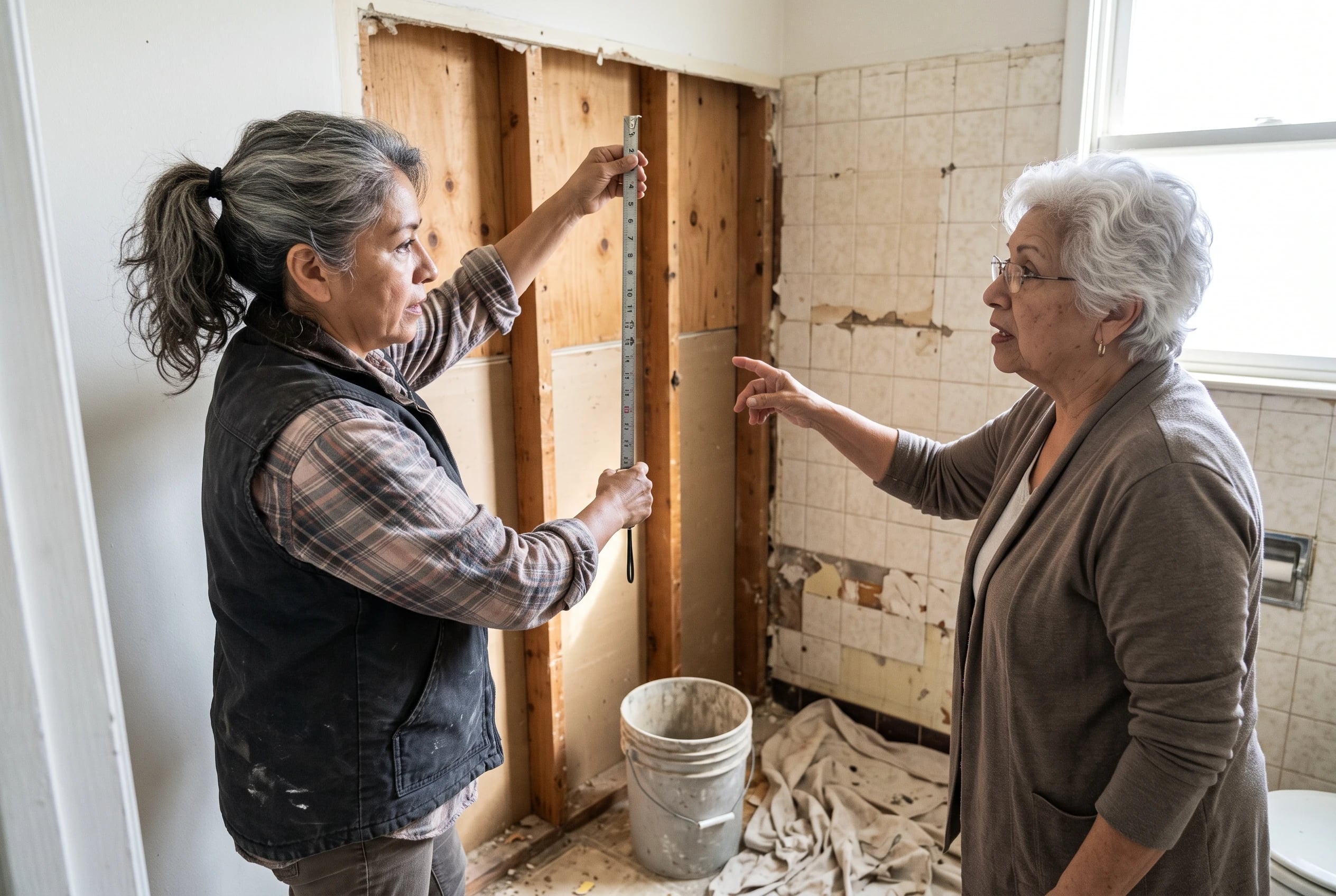 A contractor holds a tape measure against exposed backing in a bathroom wall.