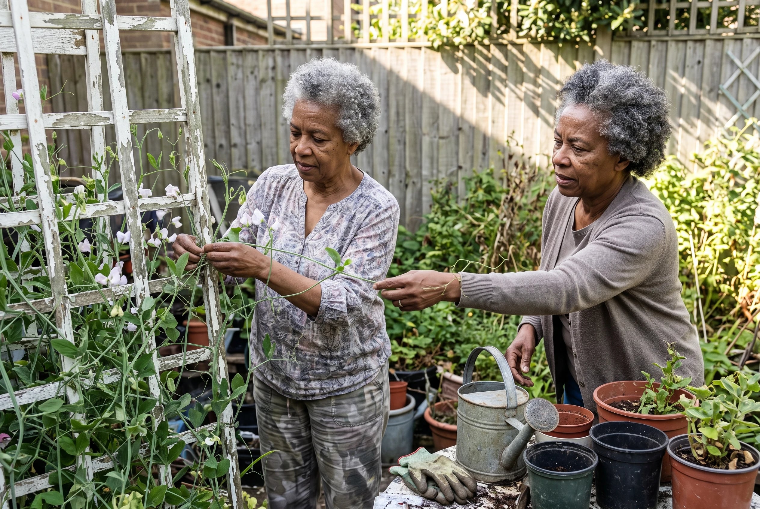 A woman ties sweet pea stems to a trellis in her backyard garden.
