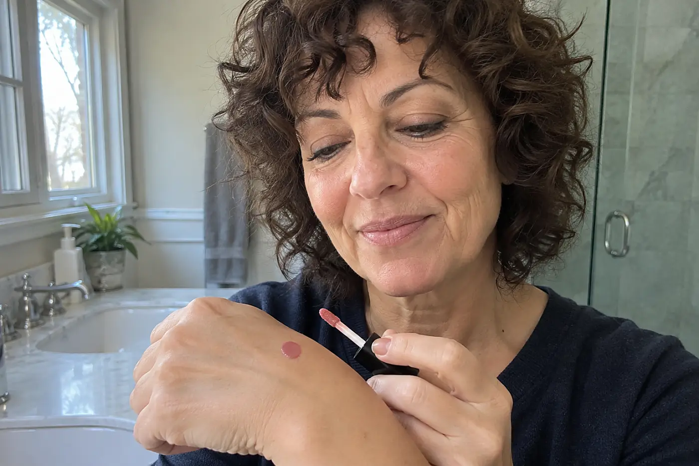 Woman placing a dot of liquid blush on the back of her hand at a bathroom sink.
