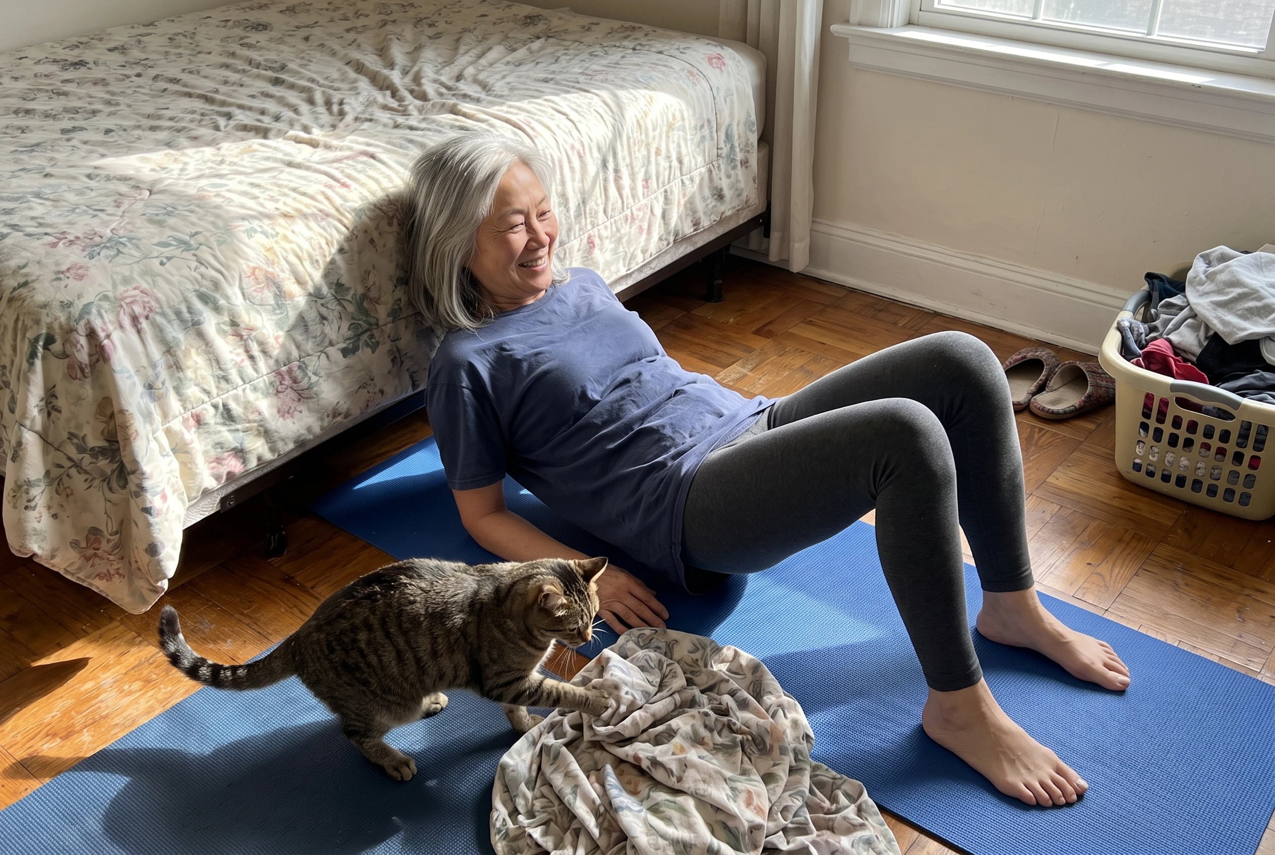 Woman in her sixties lifting her hips into a glute bridge on a mat beside her bed.