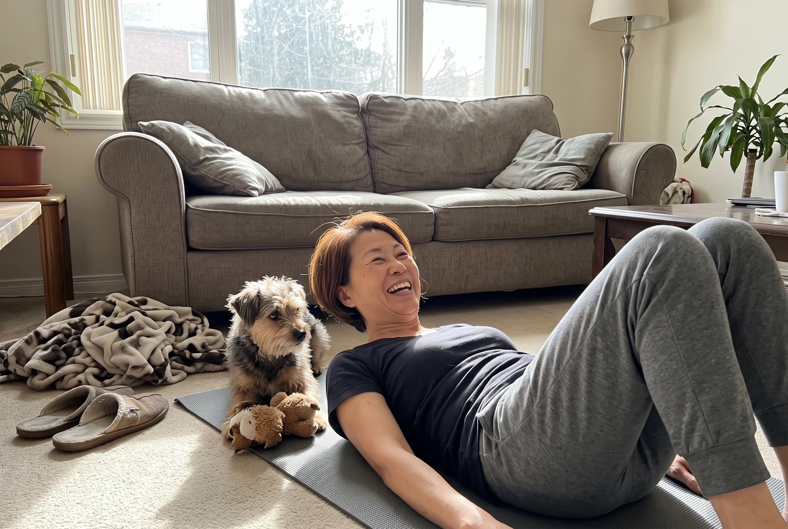 Woman in her sixties doing a pelvic tilt on a mat in her living room.